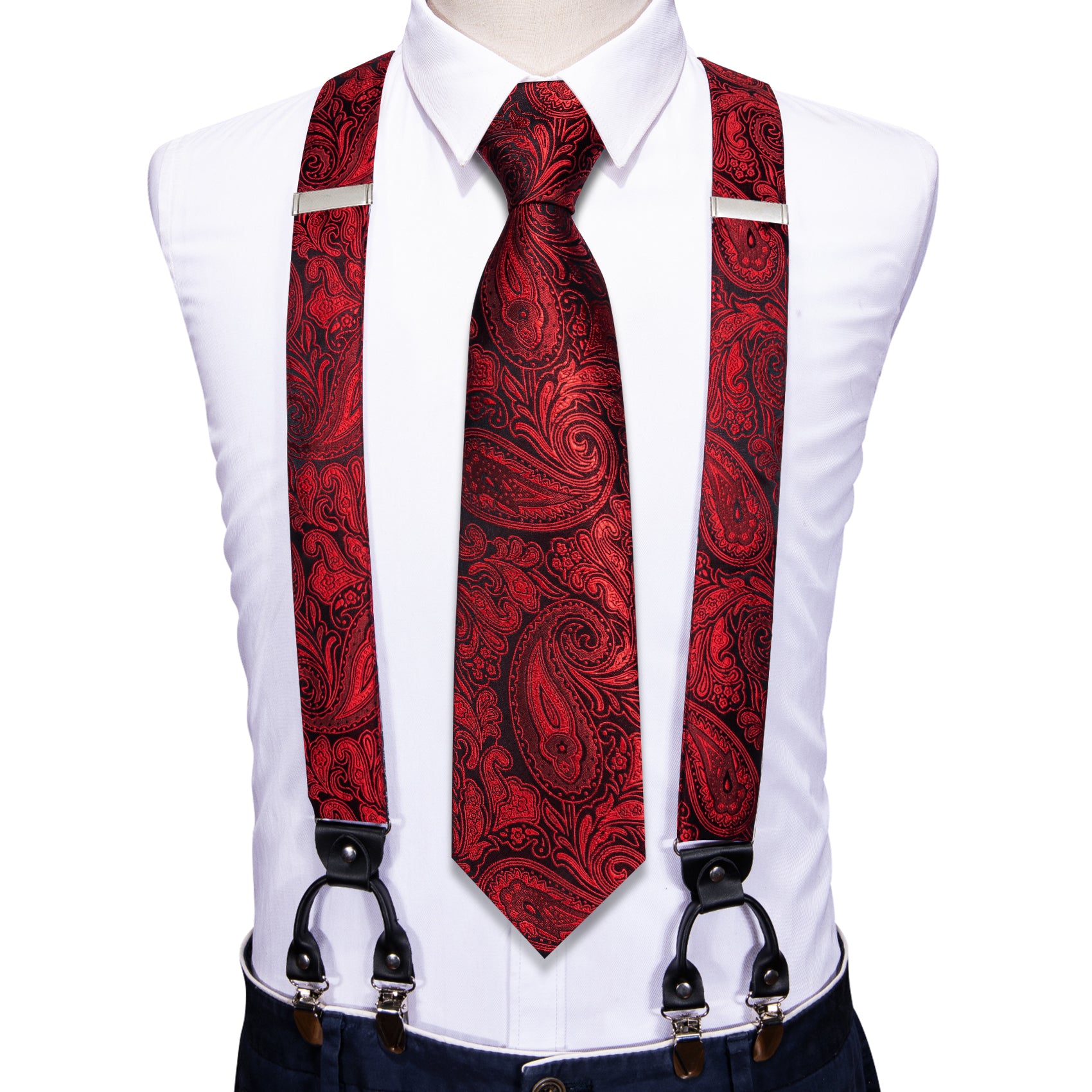 Red Paisley Y Back Adjustable Necktie Suspenders Set