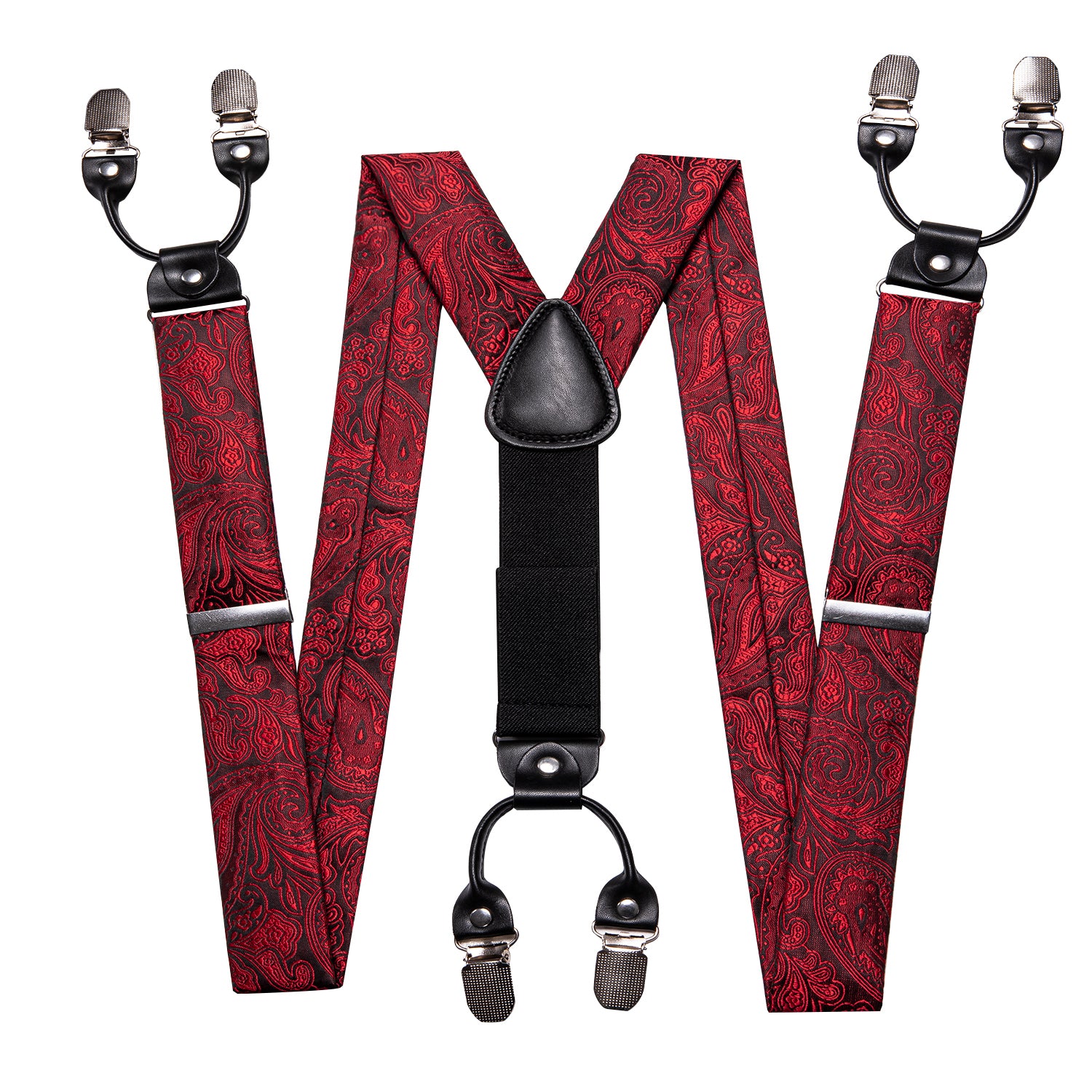 Barry.wang Red Black Paisley Bow Tie Y Back Adjustable Suspenders Set for Men