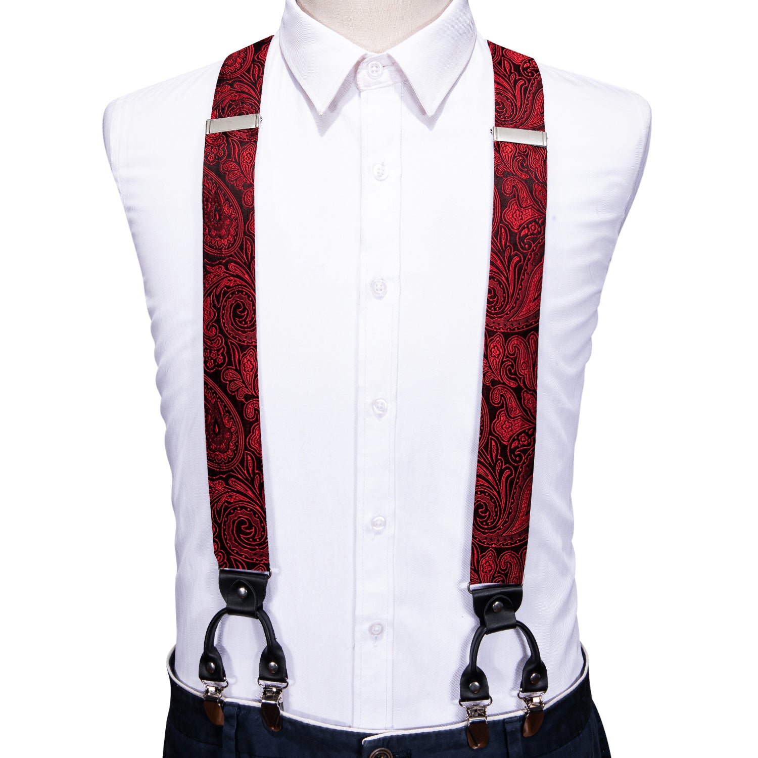 Red Black Paisley Bow Tie Y Back Adjustable Suspenders Set