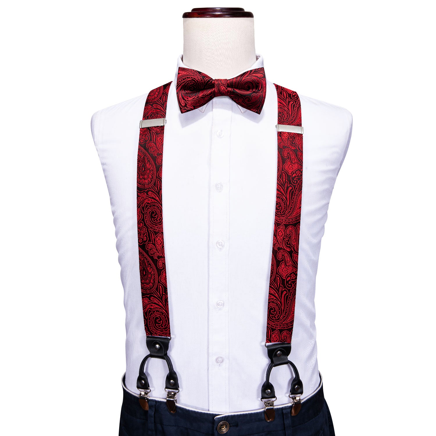 Luxury Red Black Paisley Y Back Adjustable Suspenders Bow Tie Set