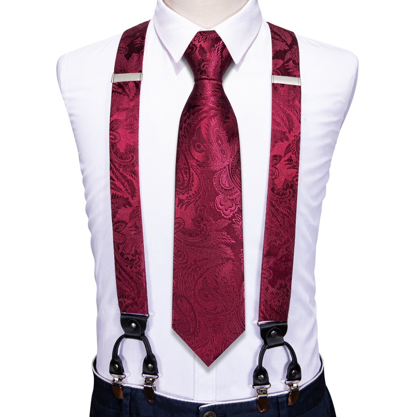 Red Paisley Y Back Adjustable Necktie Suspenders Set