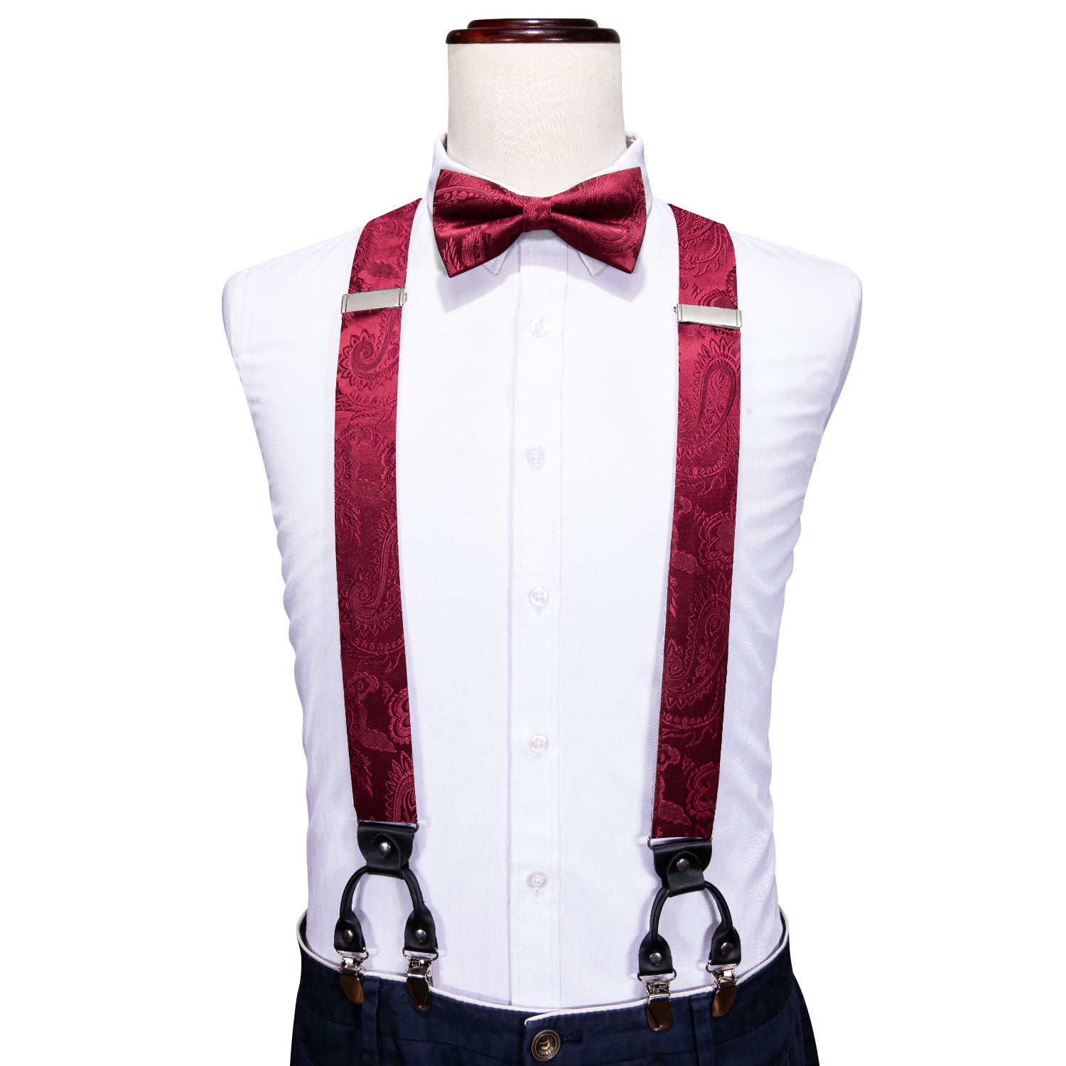 Luxury Red Paisley Y Back Adjustable Suspenders Bow Tie Set