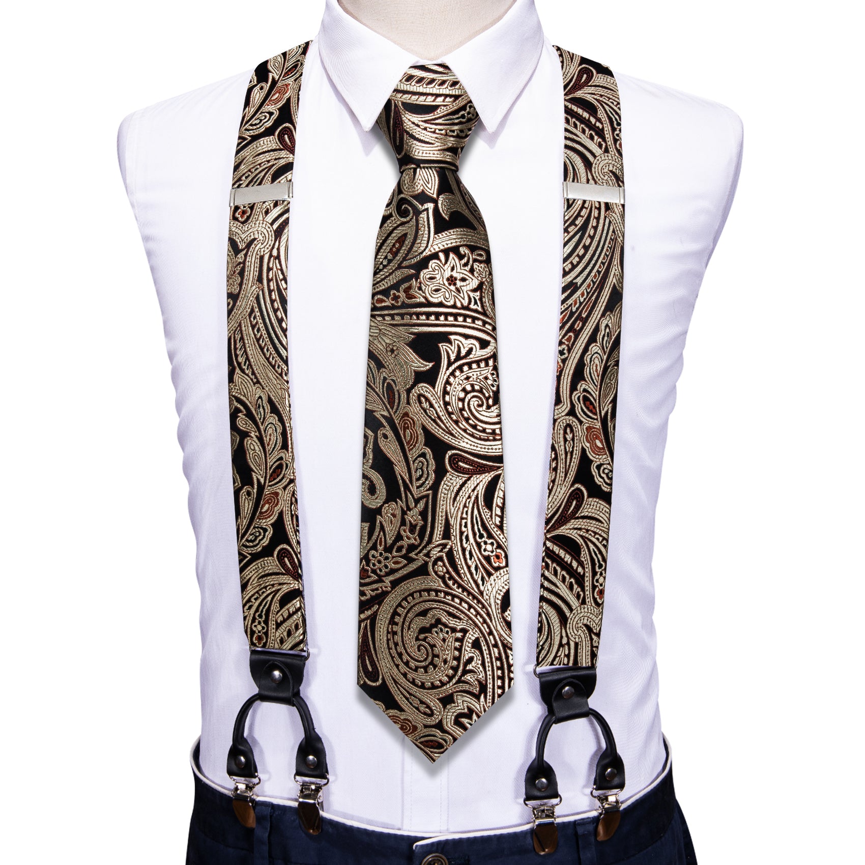 Brown Gold Paisley Y Back Adjustable Necktie Suspenders Set