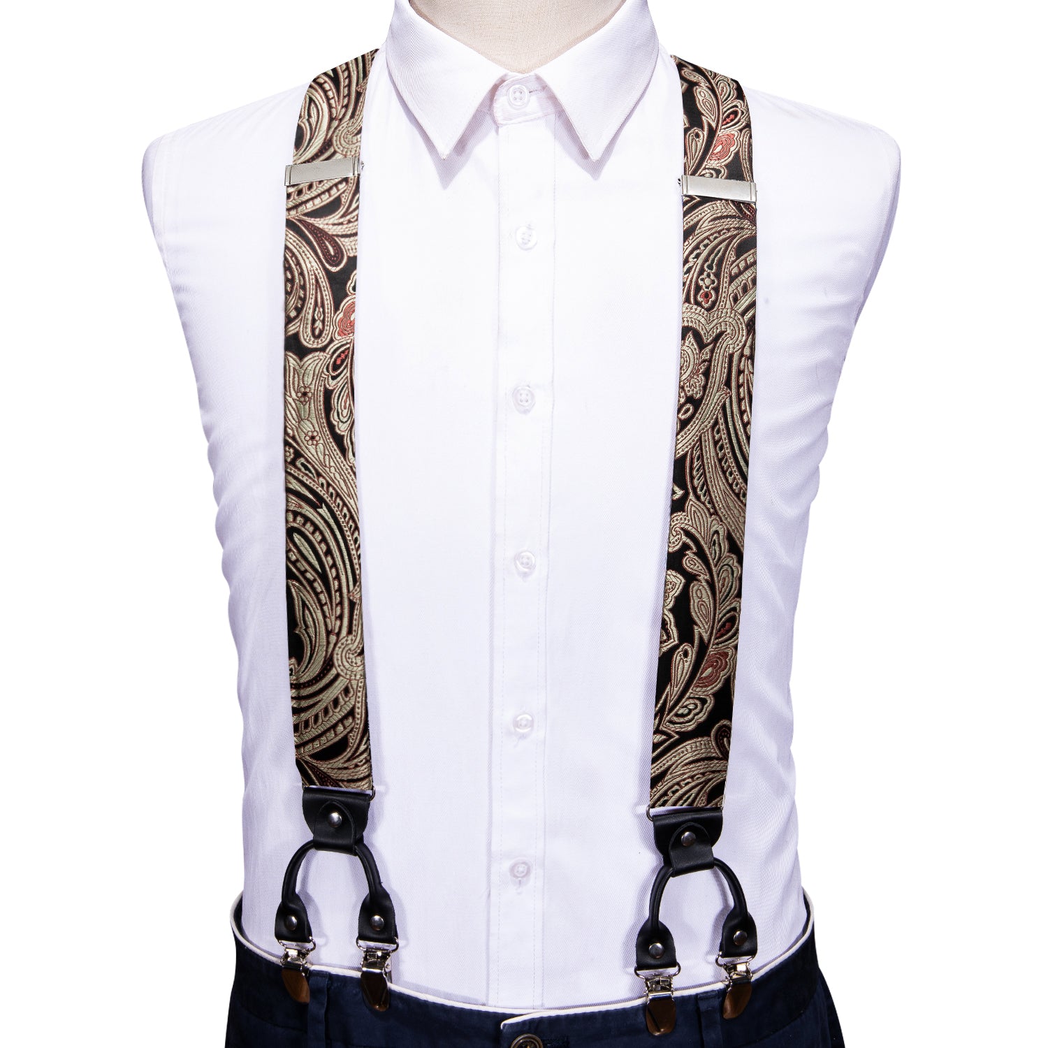 Luxury Gold Brown Paisley Y Back Adjustable Suspenders Bow Tie Set