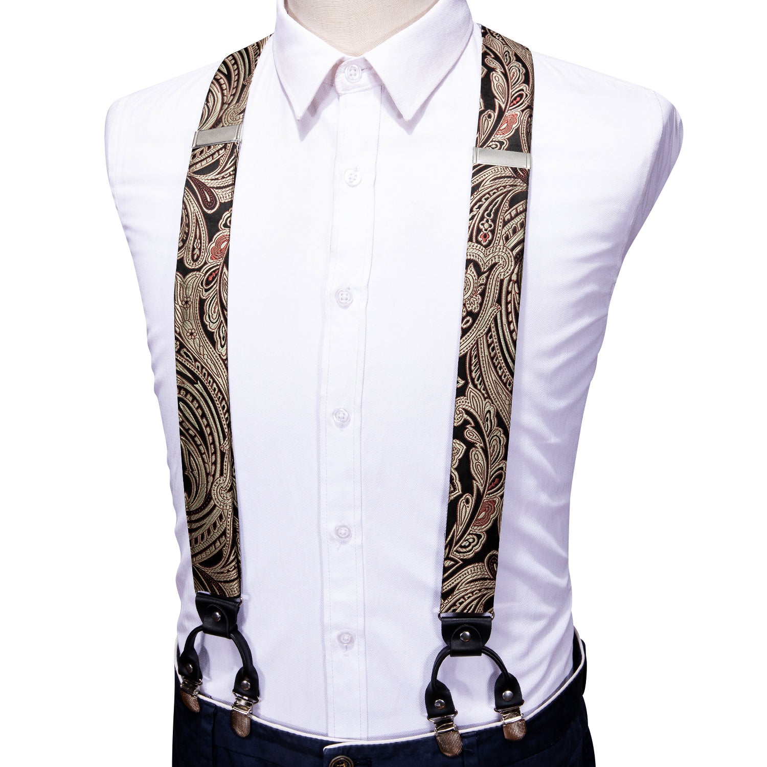 Luxury Gold Brown Paisley Y Back Adjustable Suspenders Bow Tie Set