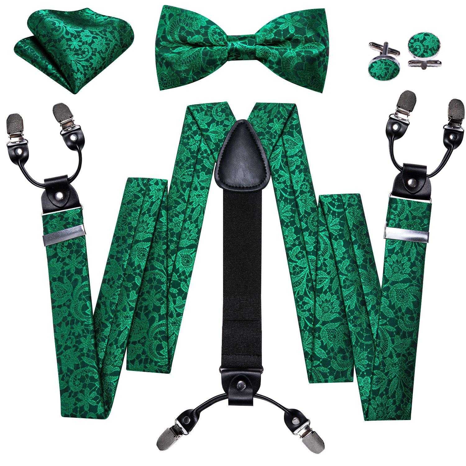 Green Paisley Y Back Adjustable Bow Tie Suspenders Set