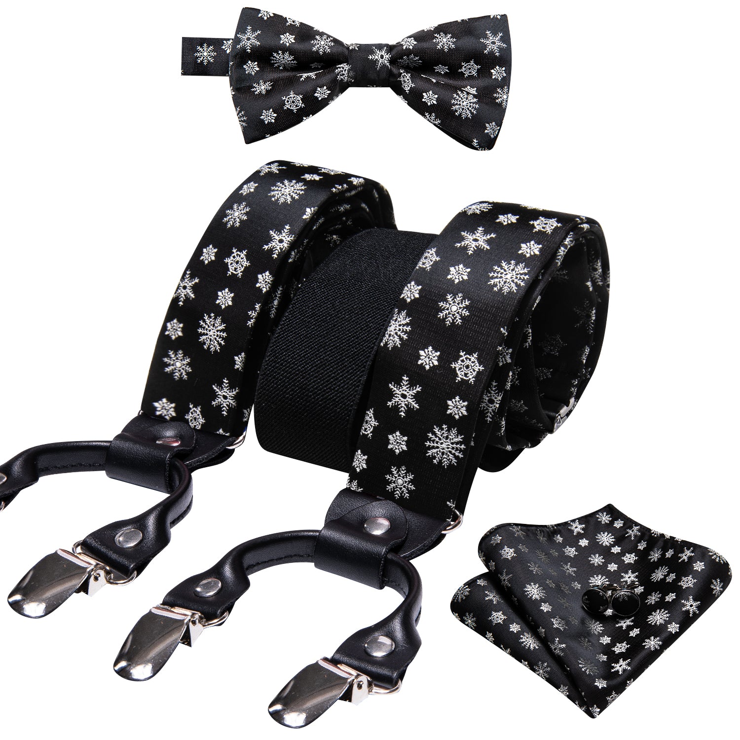 Christmas Black White Snowflake Y Back Adjustable Bow Tie Suspenders Set