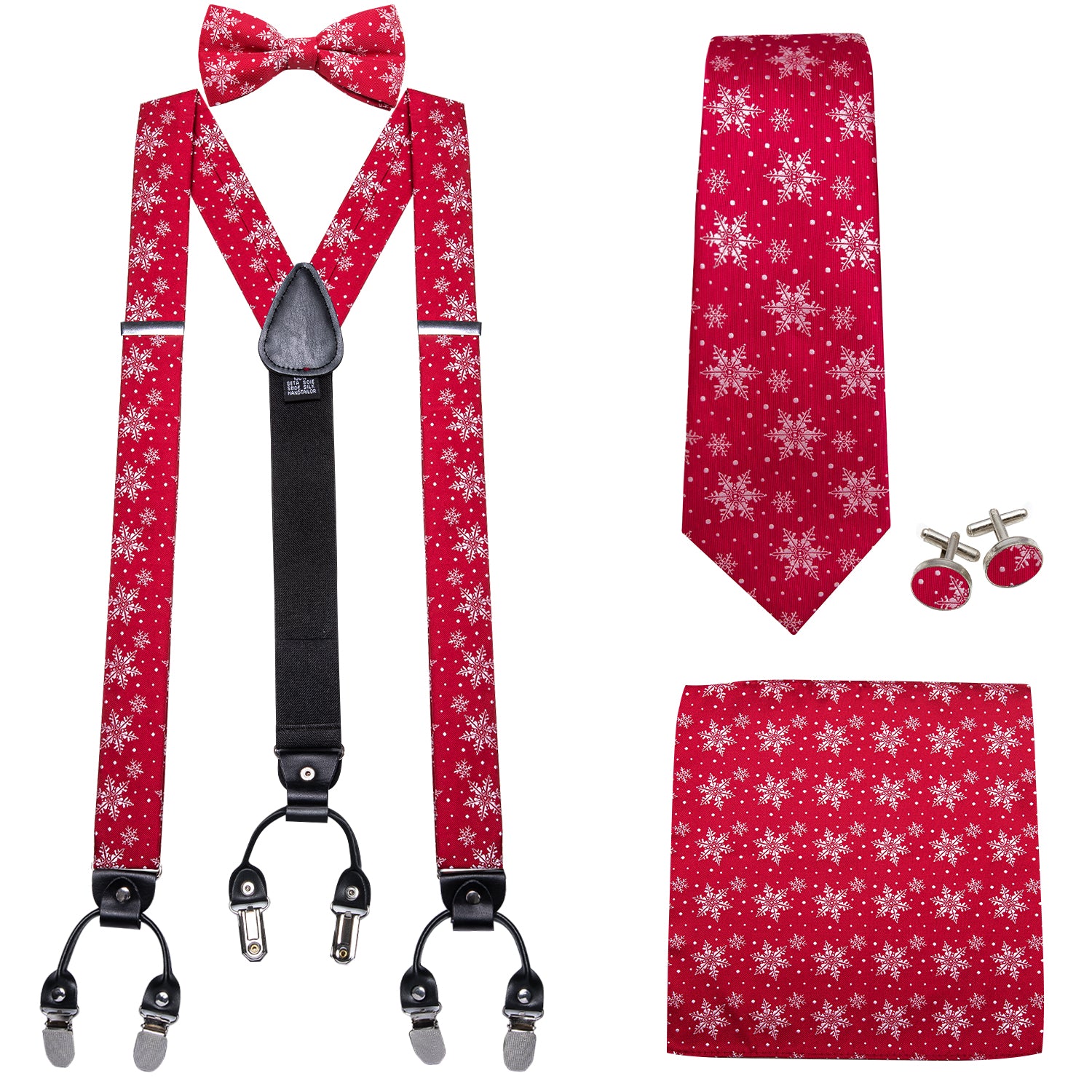 Christmas Red White Snowflake Y Back Adjustable Bow Tie Suspenders Set