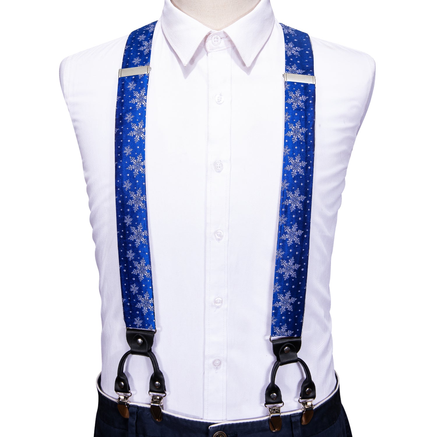 Christmas Blue White Snowflake Y Back Adjustable Bow Tie Suspenders Set