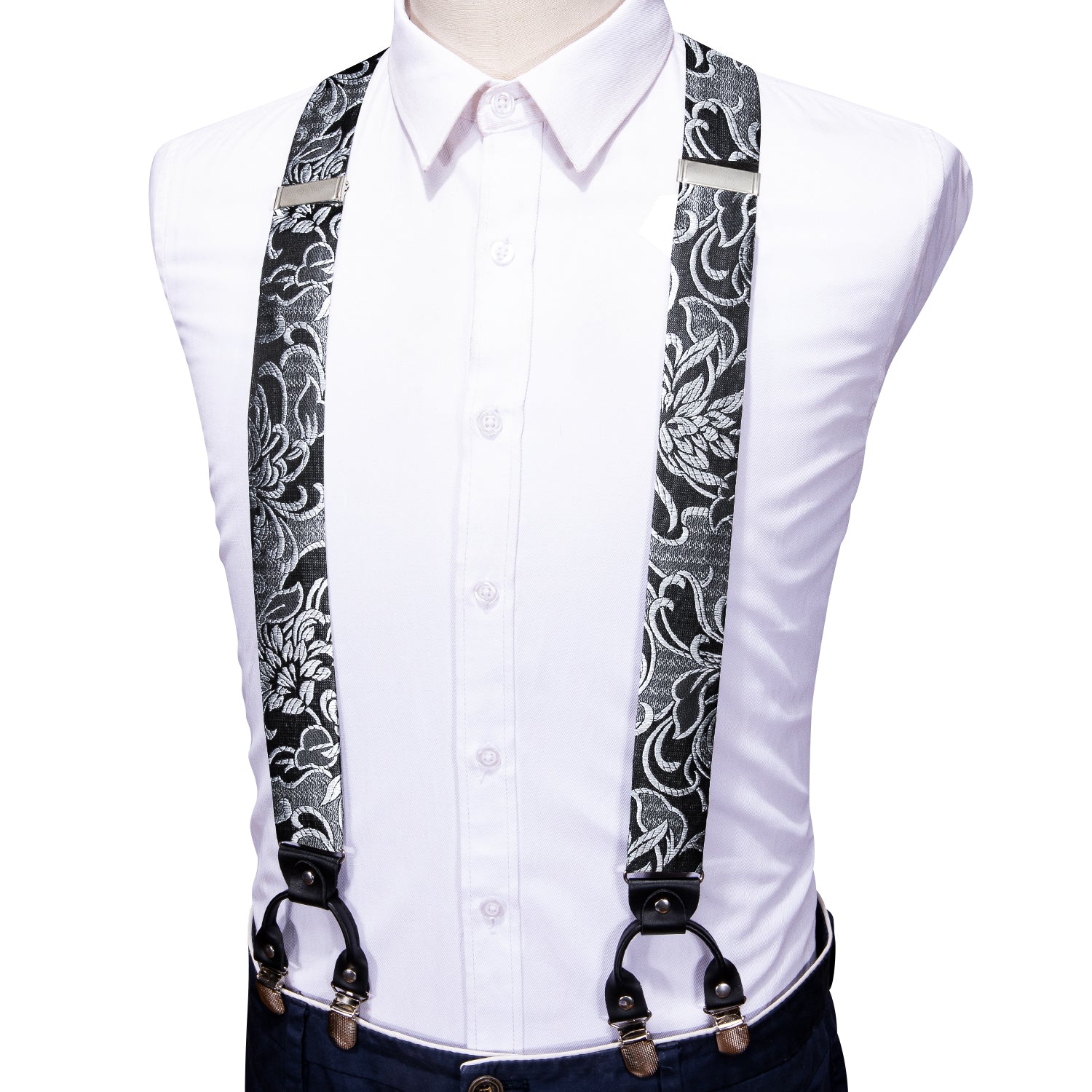 Black Silver Floral Y Back Adjustable Bow Tie Suspenders Set