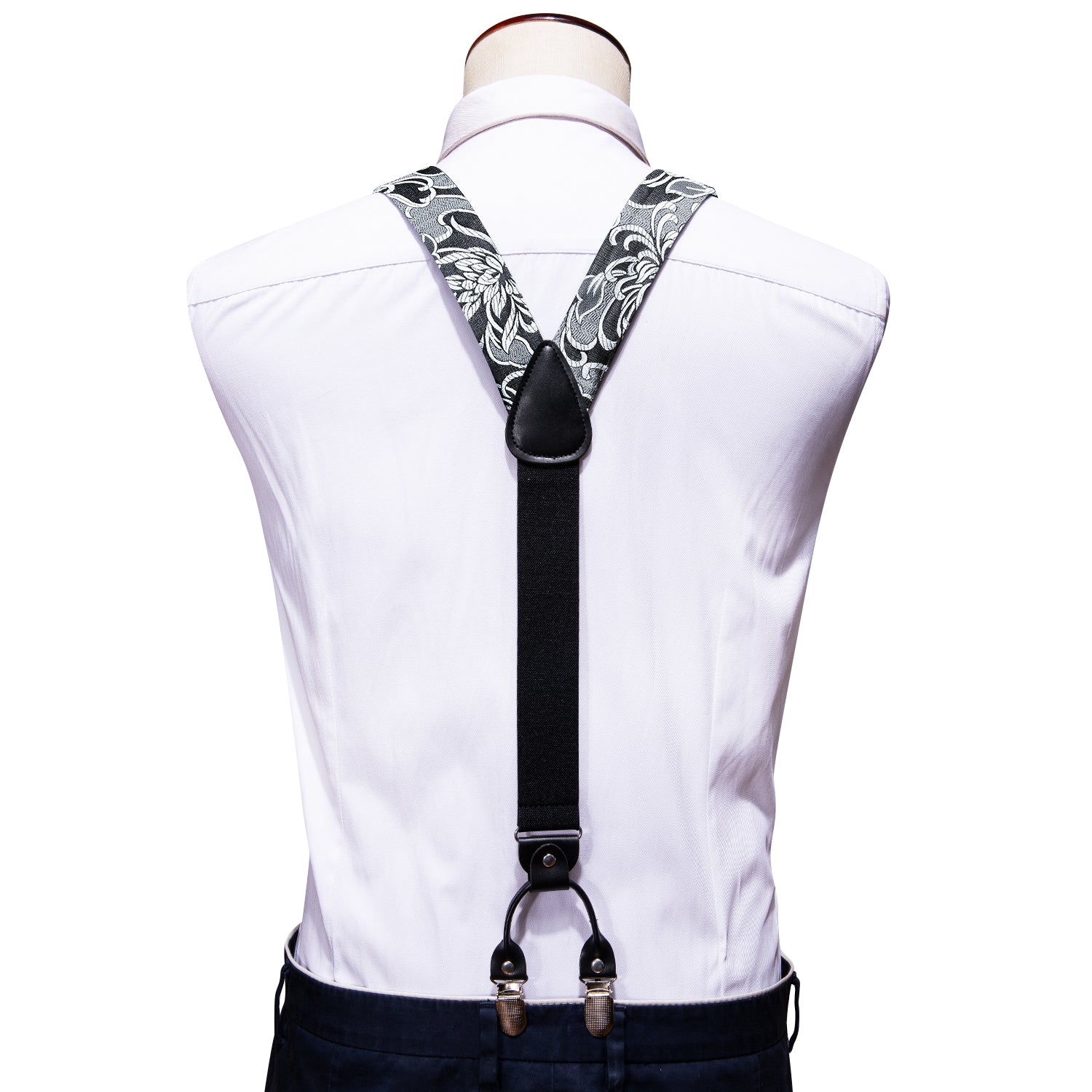 Black Silver Floral Y Back Adjustable Bow Tie Suspenders Set