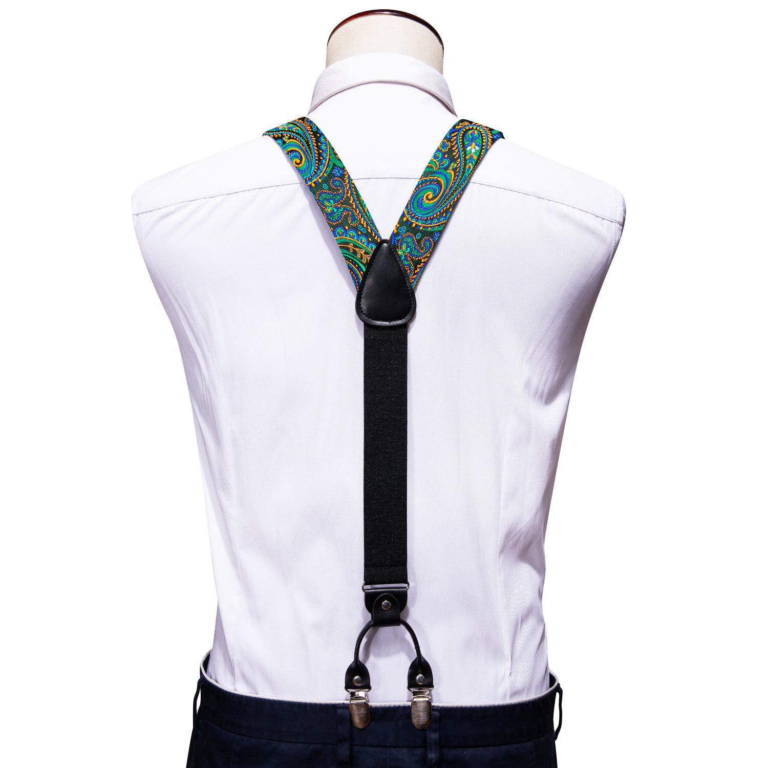 Teal Blue Floral Y Back Adjustable Bow Tie Suspenders Set
