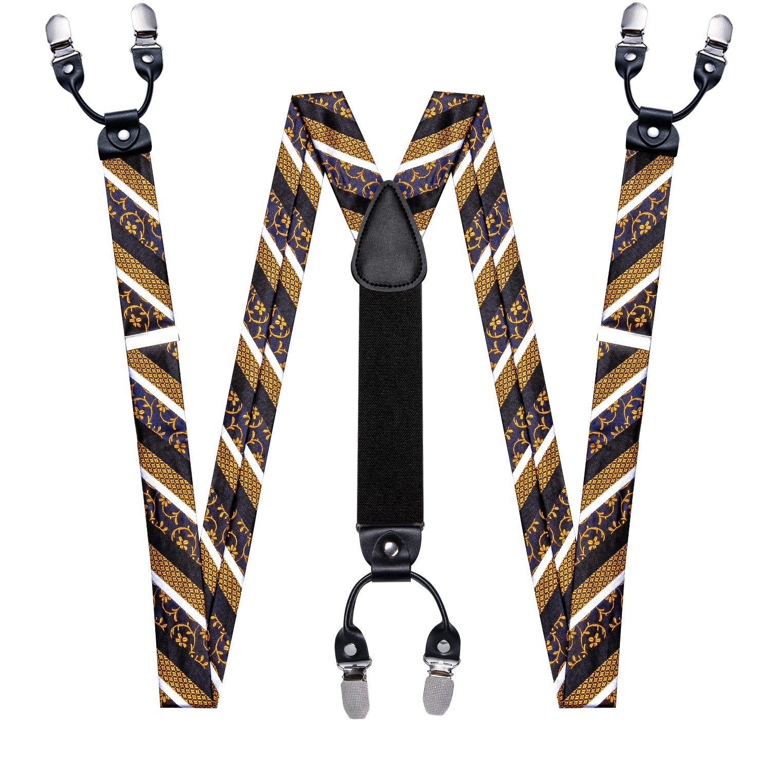 Black Gold Floral Y Back Adjustable Bow Tie Suspenders Set