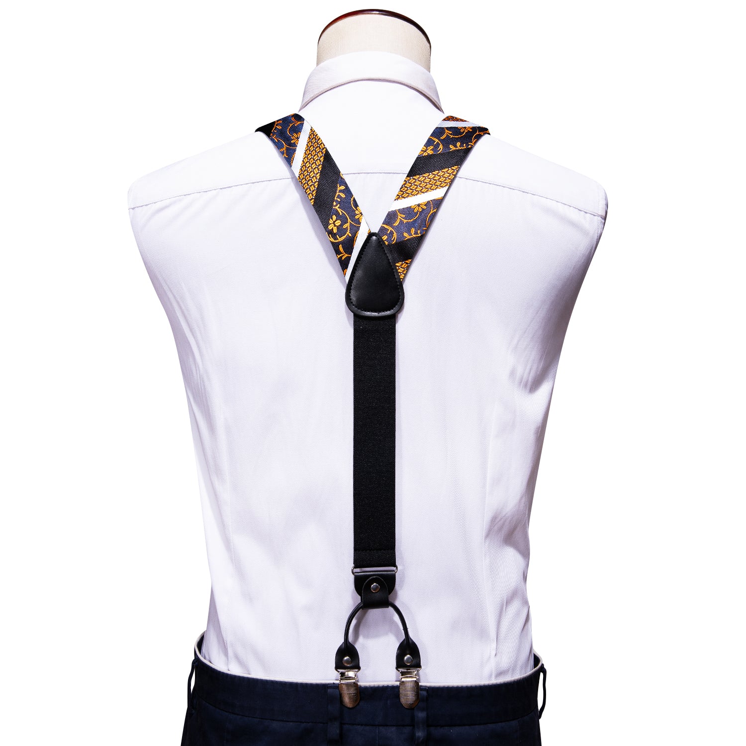 Black Gold Floral Y Back Adjustable Bow Tie Suspenders Set