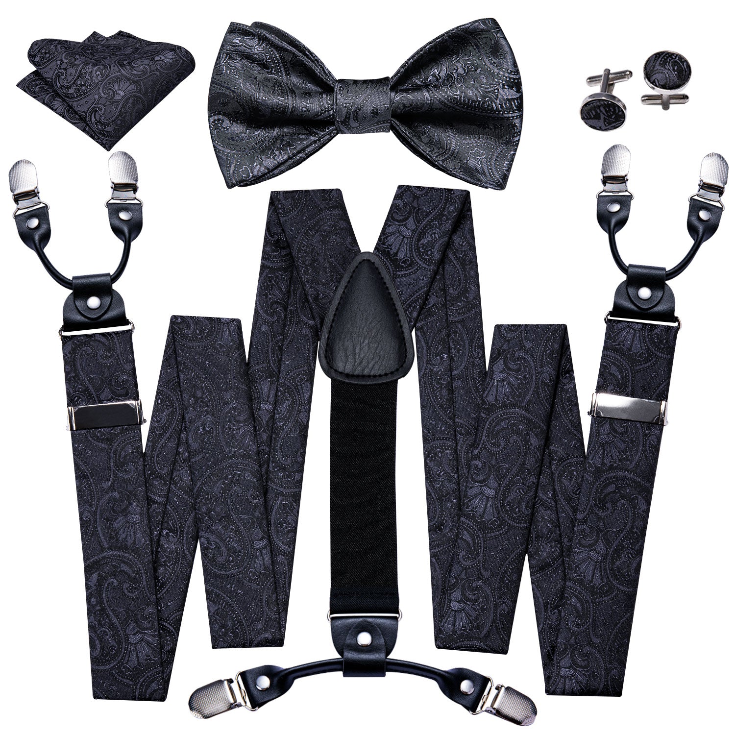 Black Paisley Y Back Adjustable Suspenders Bow Tie Set