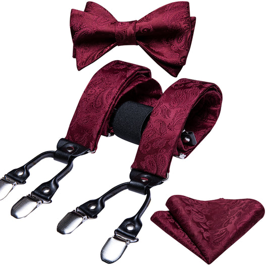 Barry. Wang Red Paisley Y Back Adjustable Suspenders Bow Tie Set