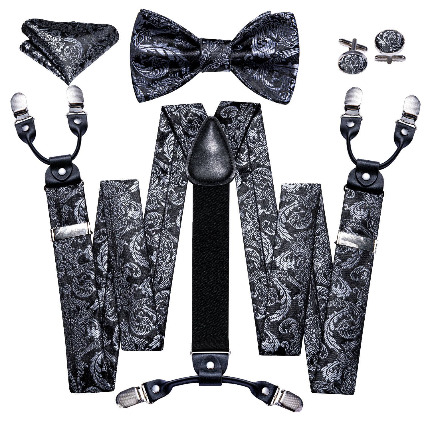Black White Paisley Y Back Adjustable Suspenders Bow Tie Set