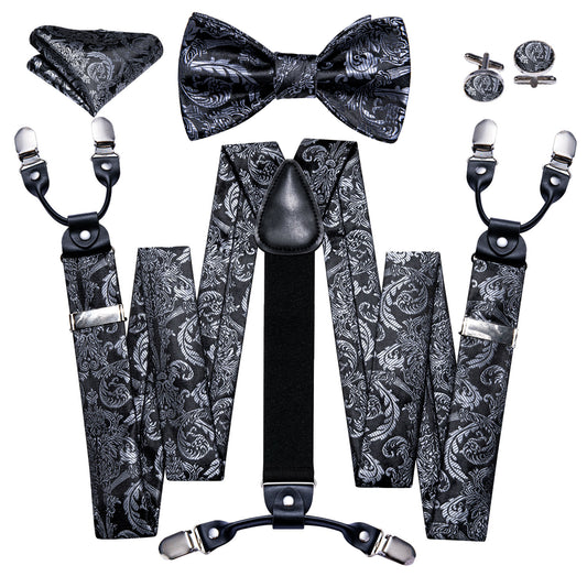Black White Paisley Y Back Adjustable Suspender Bow Tie Set