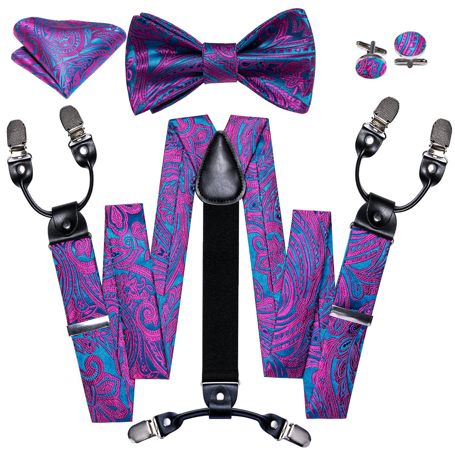 Purple Blue Paisley Y Back Adjustable Suspenders Bow Tie Set