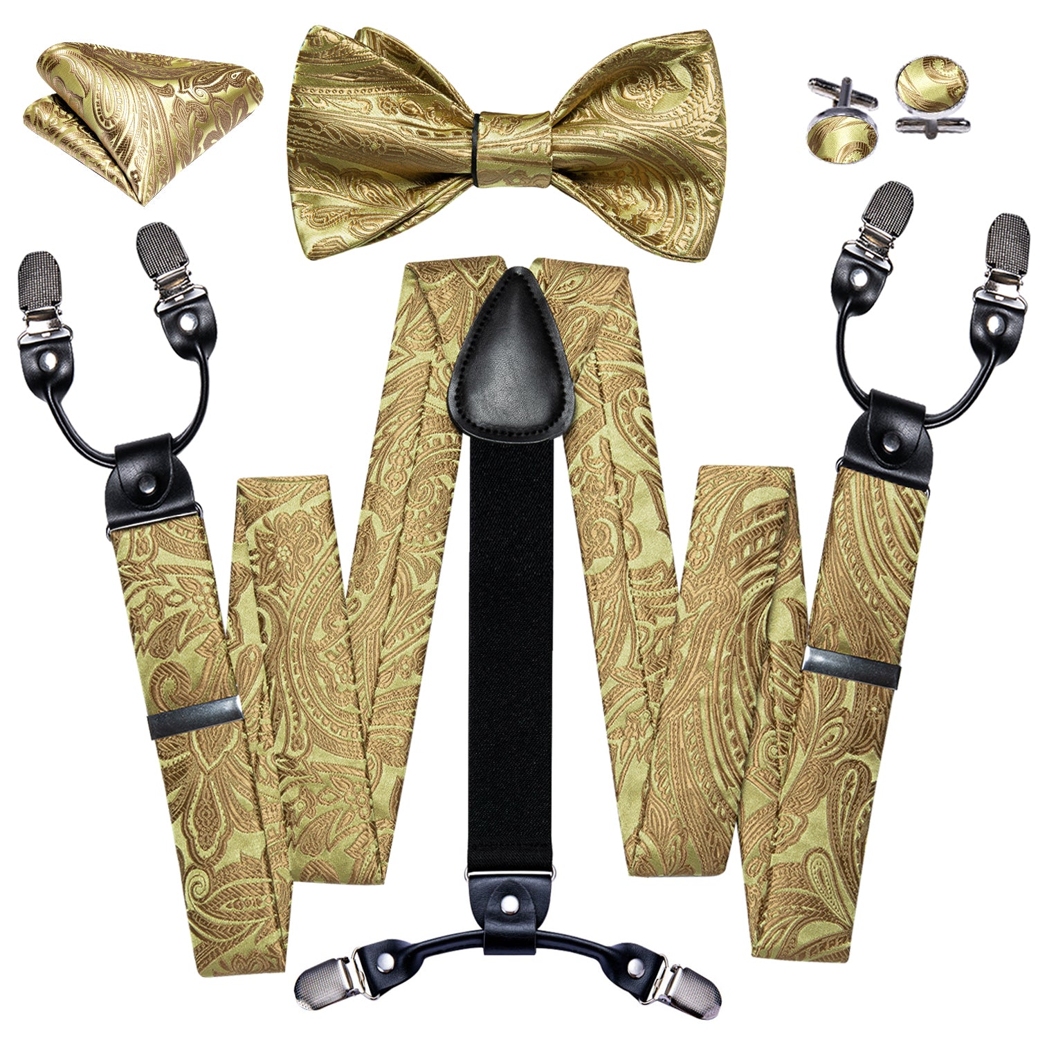 Gold Paisley Y Back Adjustable Suspenders Bow Tie Set
