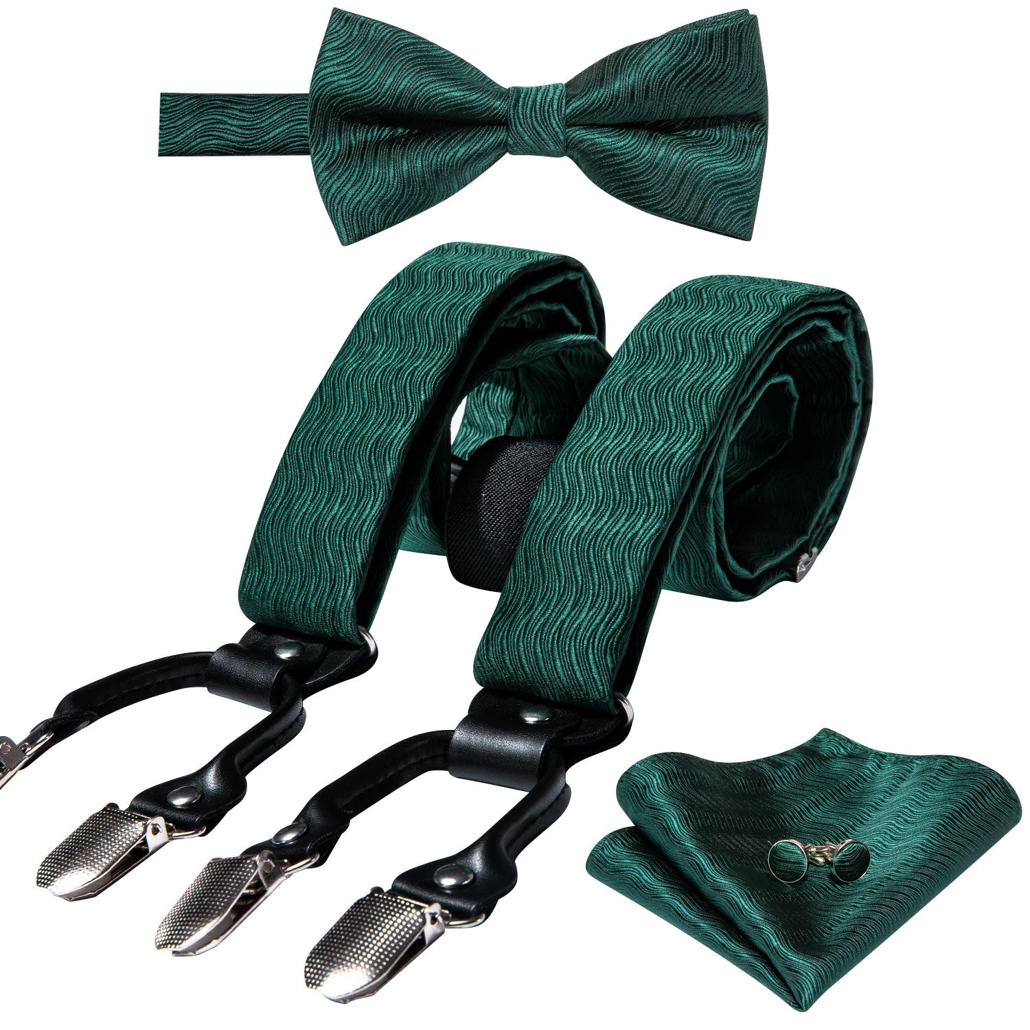Green Solid Y Back Adjustable Bow Tie Suspenders Set