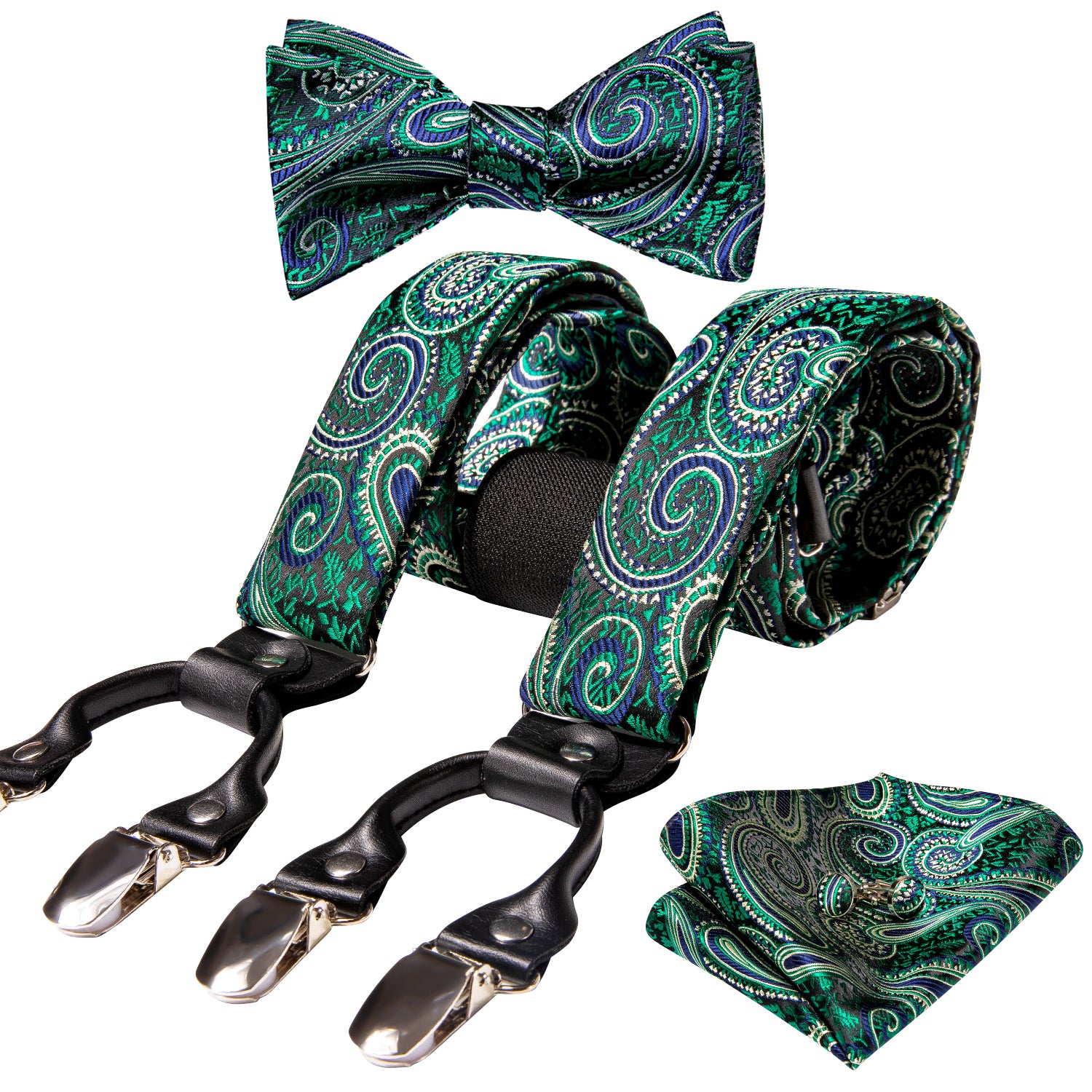 Green Paisley Y Back Adjustable Suspenders Bow Tie Set