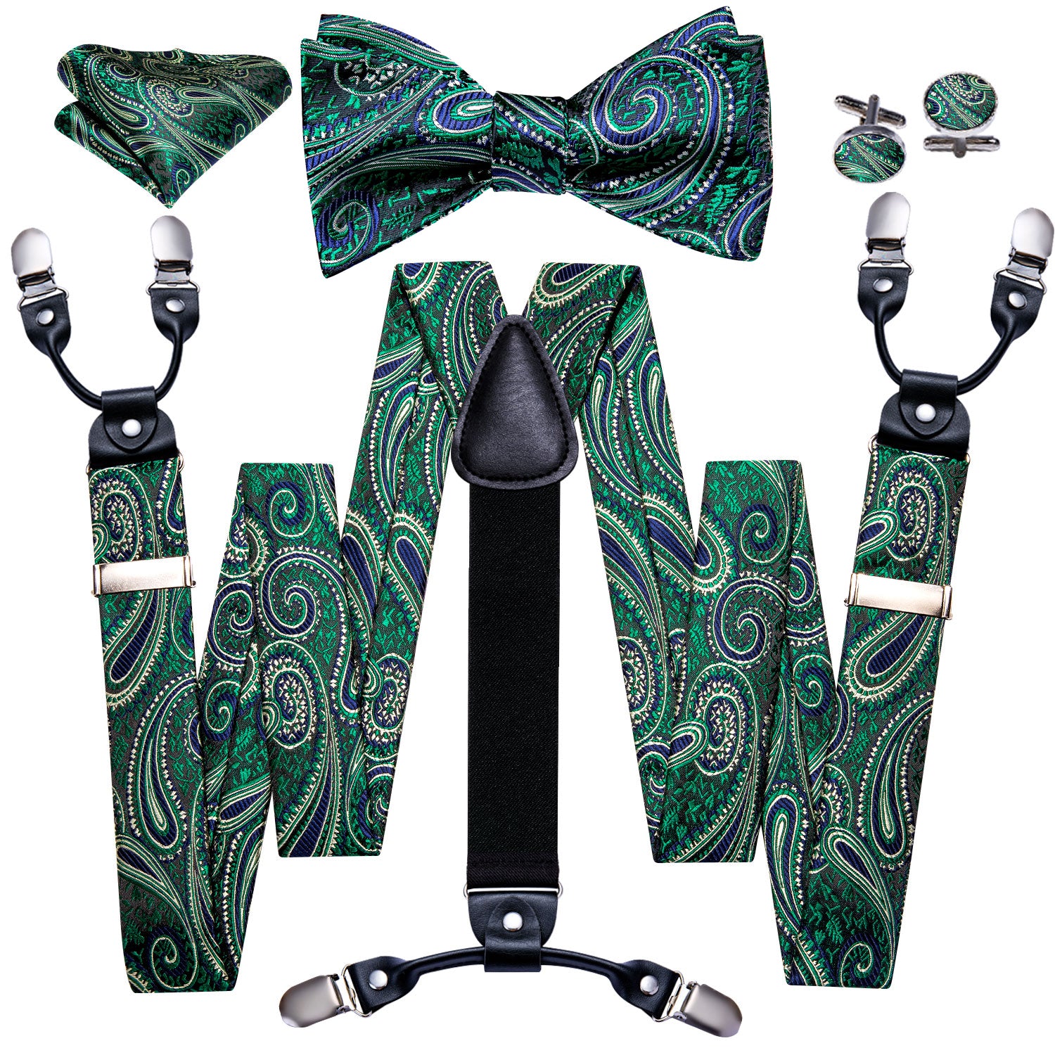 Green Paisley Y Back Adjustable Suspenders Bow Tie Set