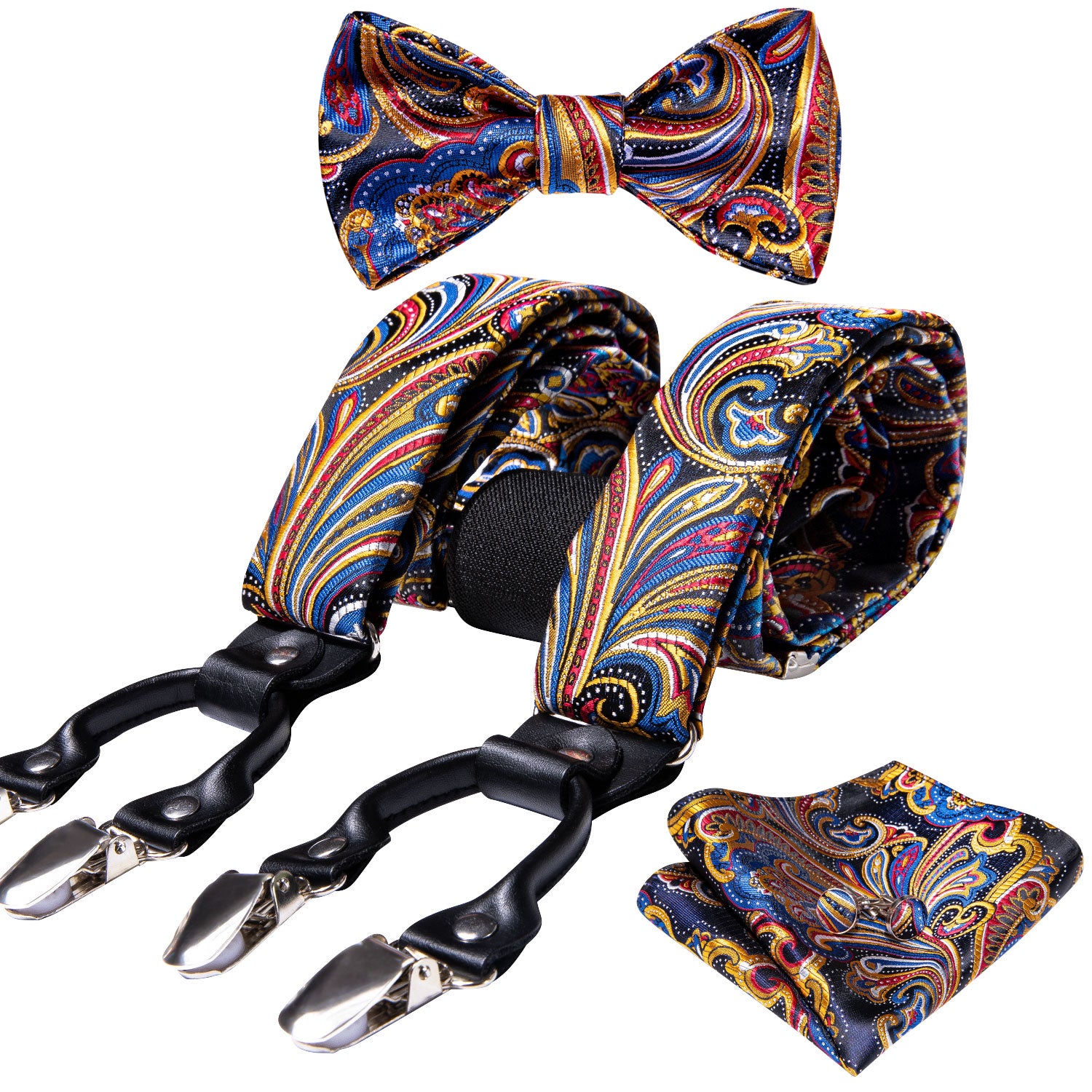 Barry.wang Gold Tie Blue Paisley Y Back Adjustable Suspenders Bow Tie Set for Men