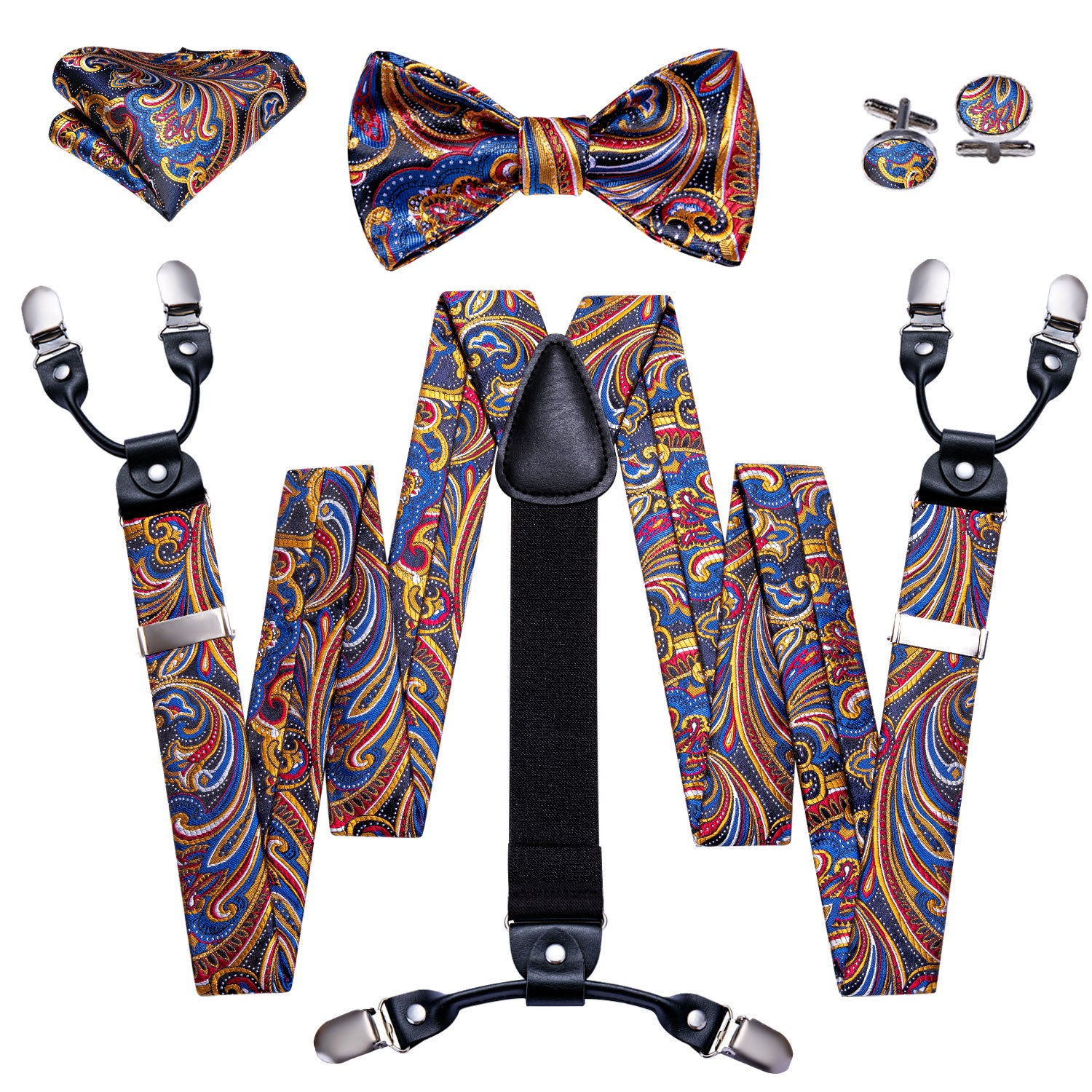 Barry.wang Gold Tie Blue Paisley Y Back Adjustable Suspenders Bow Tie Set for Men