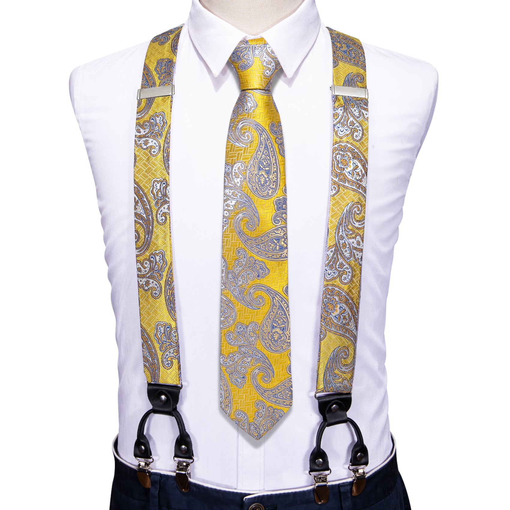 Yellow Silver Paisley Y Back Adjustable Suspenders Tie Set