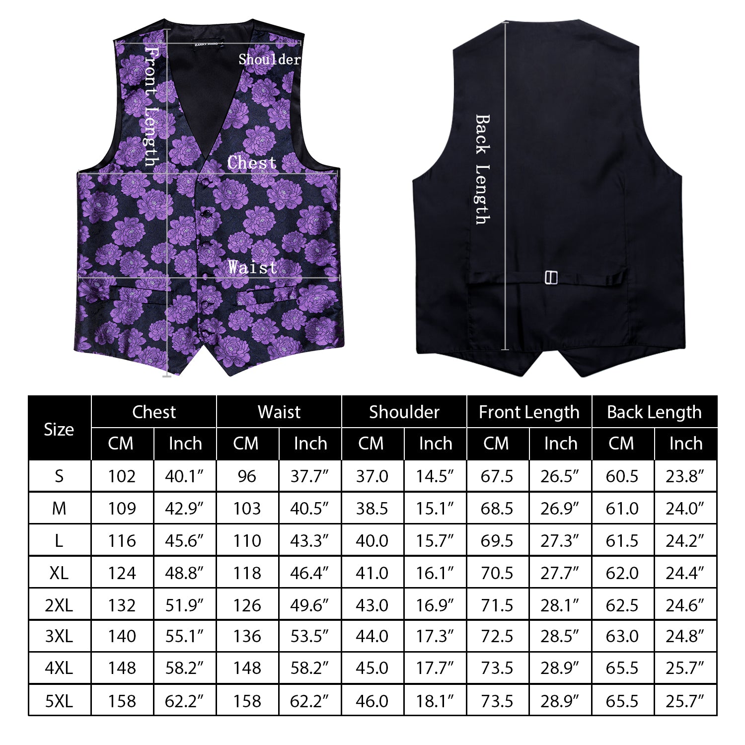 size chart for Men's Black Purple Floral Silk Vest Necktie Pocket square Cufflinks