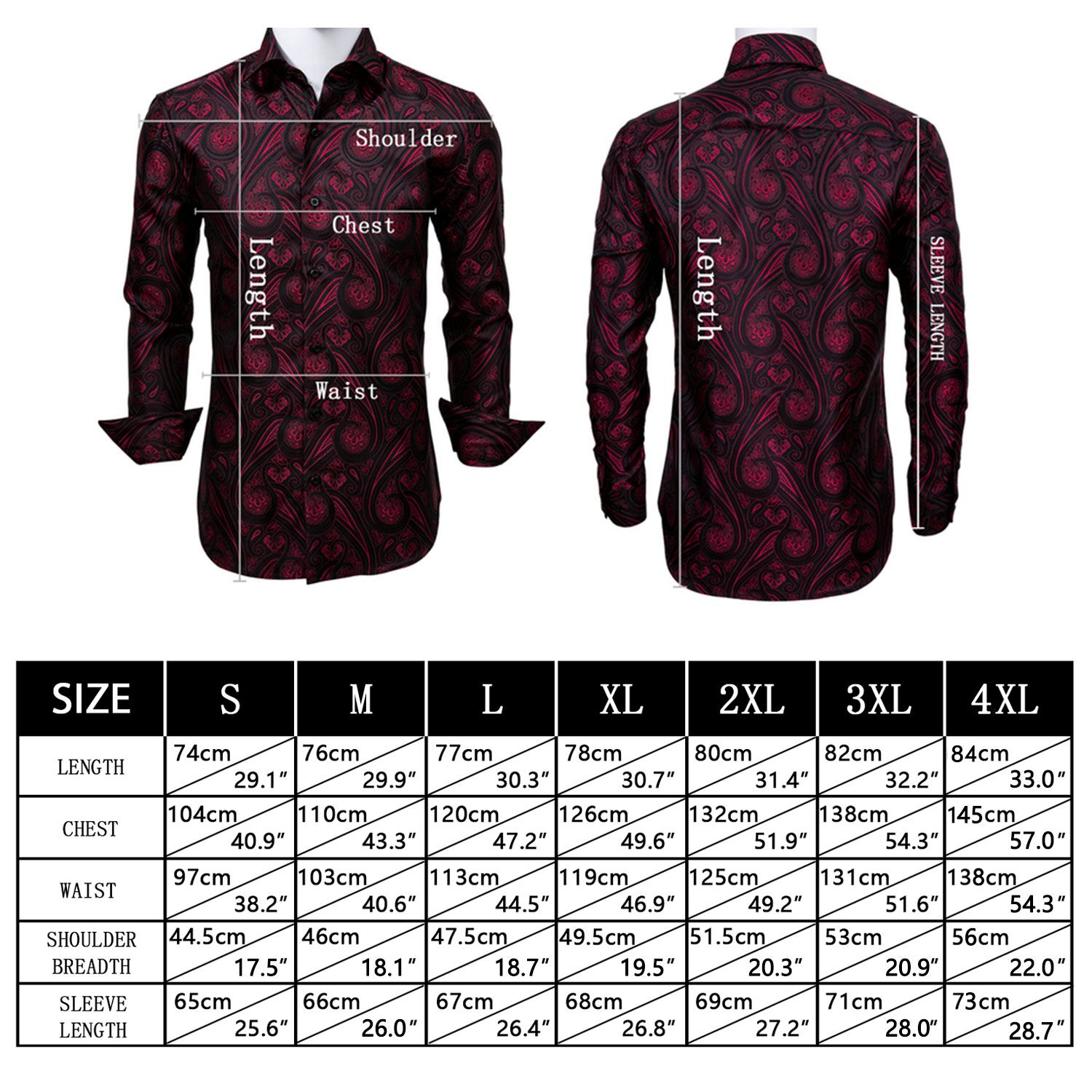 long sleeve black shirt size chart