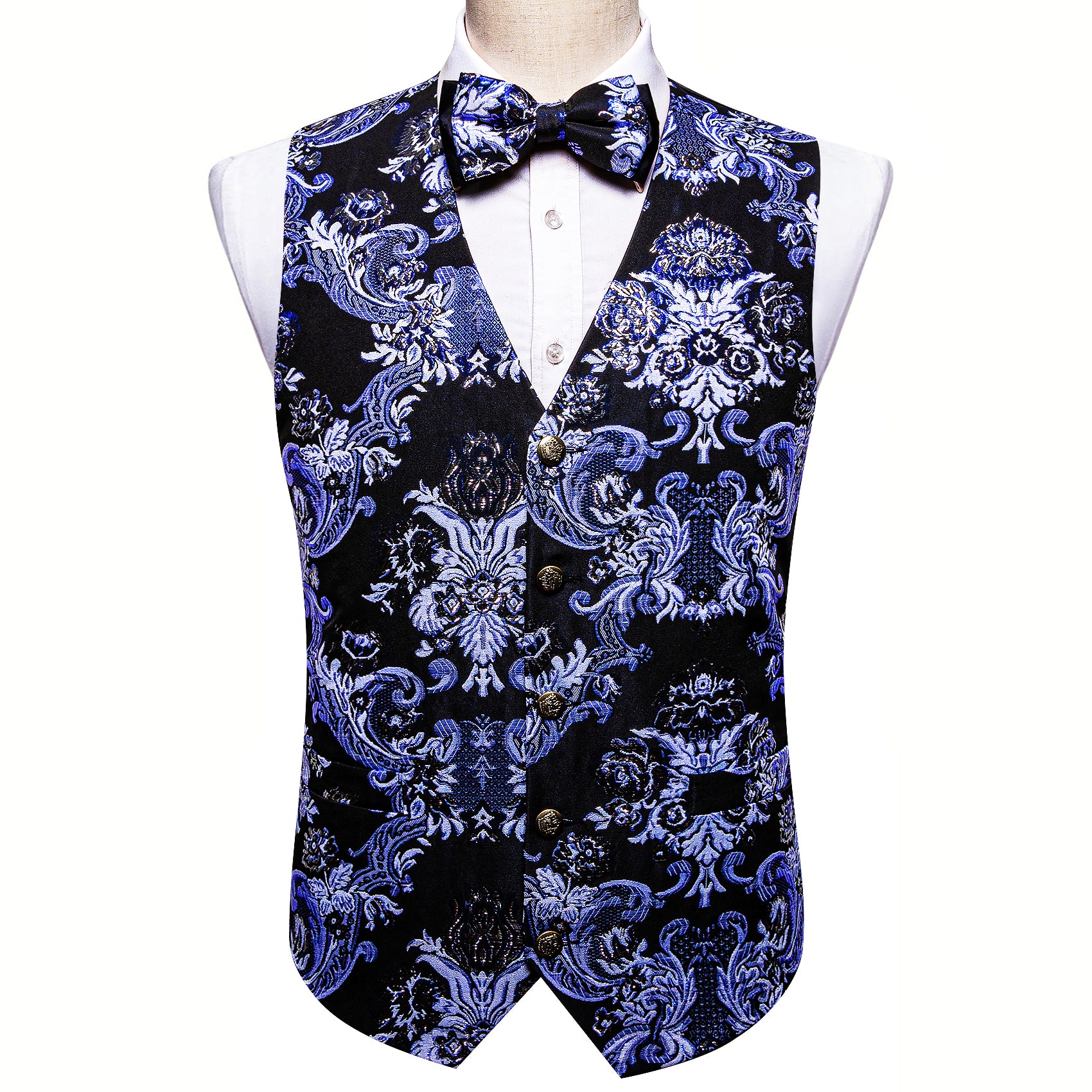 Blue Purple Black Paisley Silk Vest Bowtie Set