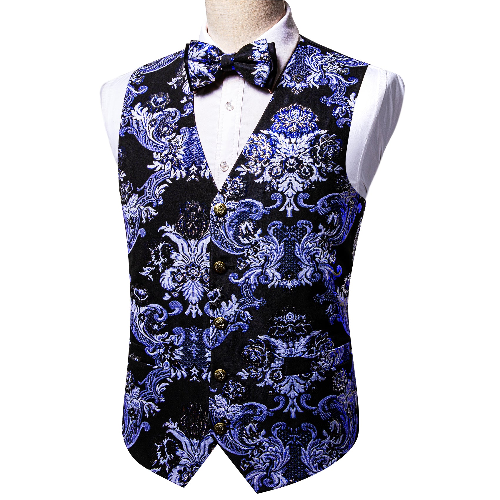 Blue Purple Black Paisley Silk Vest Bowtie Set