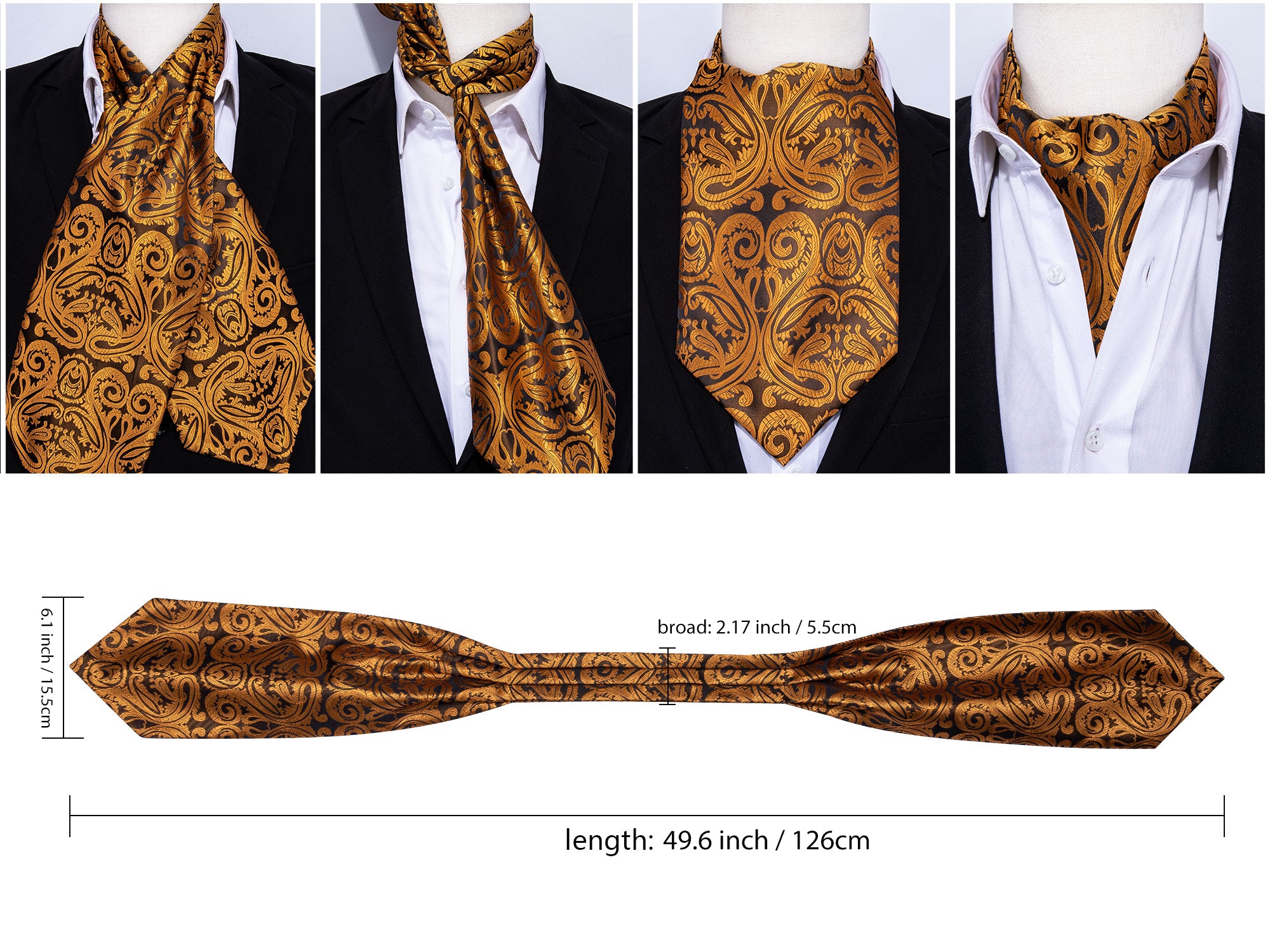 Black Golden Floral Ascot Handkerchief Cufflinks