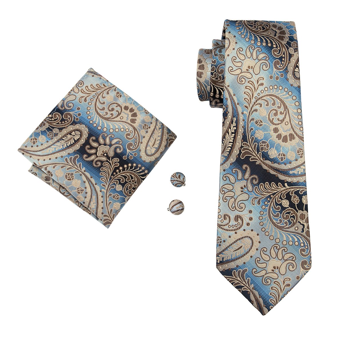 Sky Blue Ties Brown Paisley Tie Pocket Square Cufflinks Set
