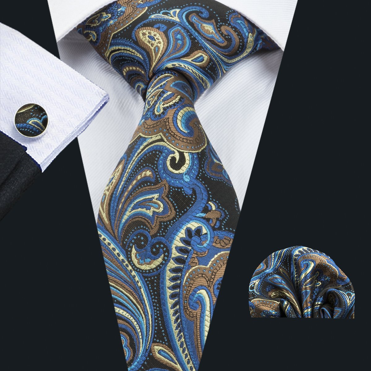 Brown Blue Floral Tie Pocket Square Cufflinks Set - barry-wang