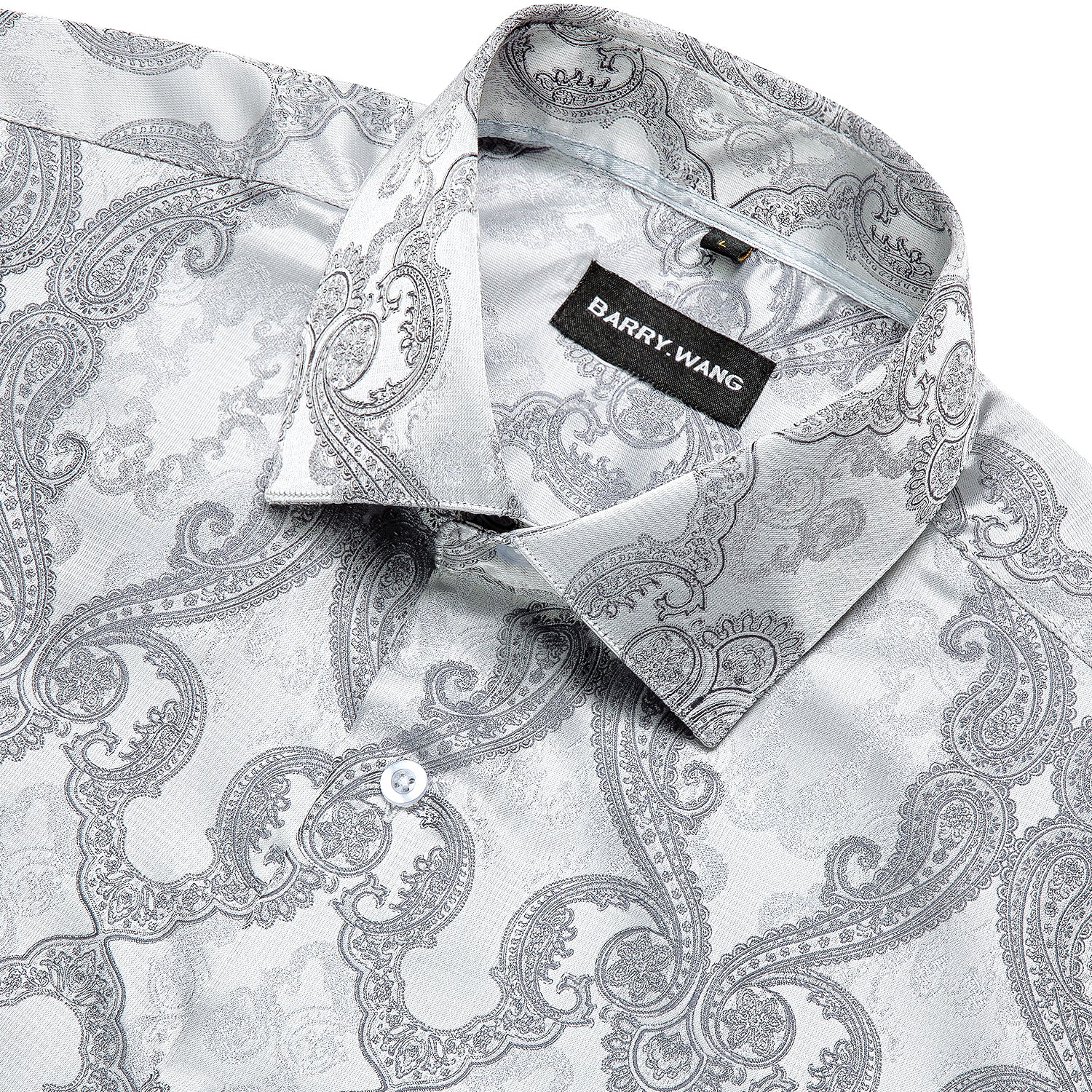 Barry.wang Long Sleeve Shirt Novelty Silver Paisley Silk Men's Button Up Shirt