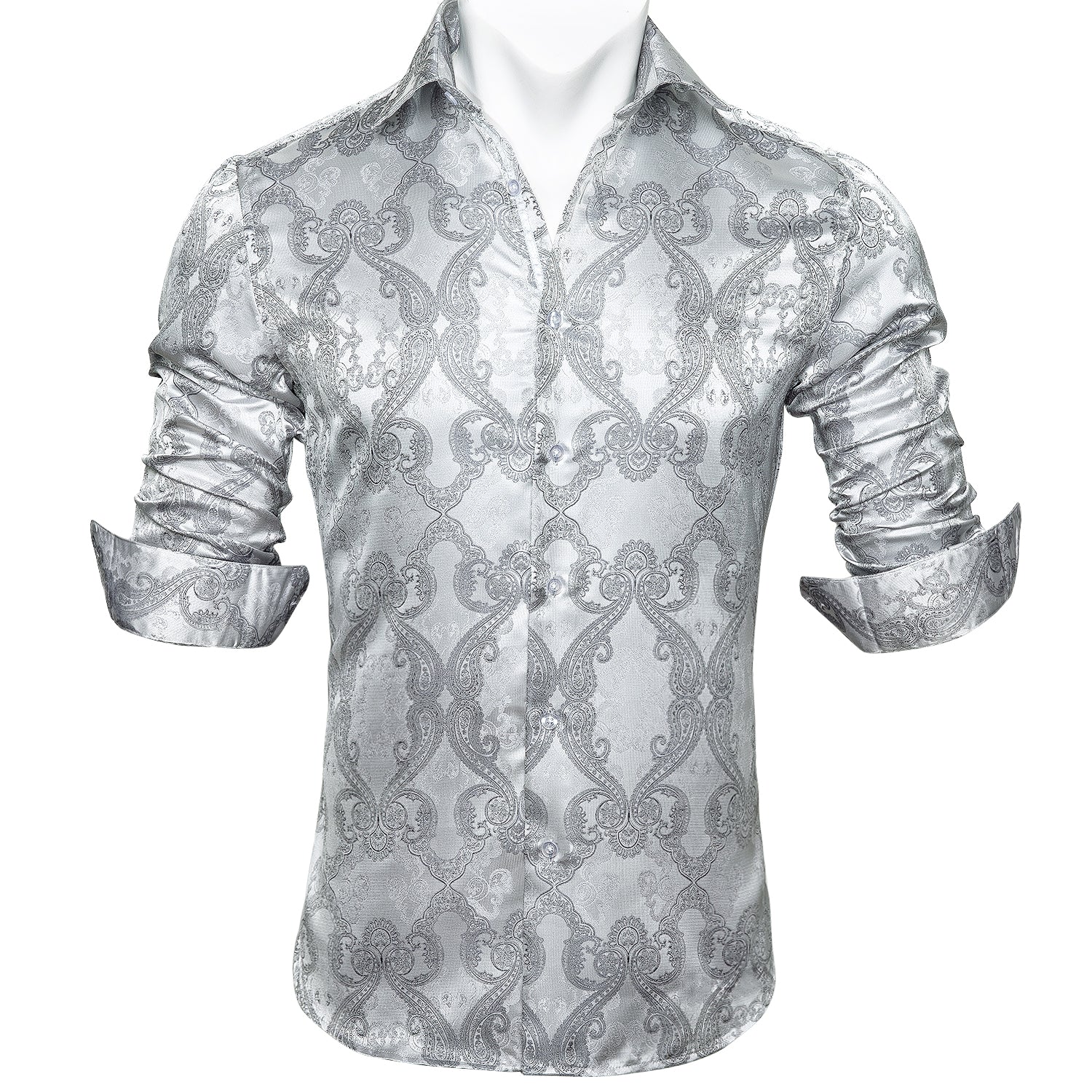 Barry.wang Novelty Silver Paisley Silk Mens Button Up Shirt