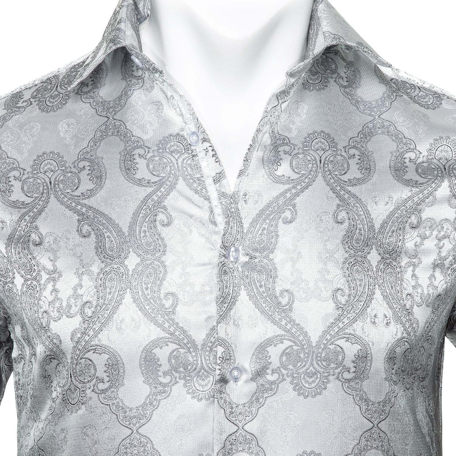 Barry.wang Novelty Silver Paisley Silk Mens Button Up Shirt