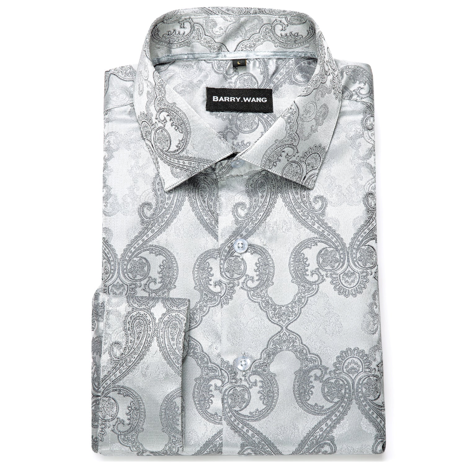 Barry.wang Long Sleeve Shirt Novelty Silver Paisley Silk Men's Button Up Shirt