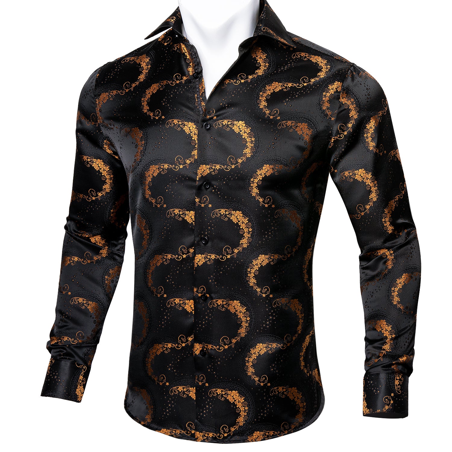 Barry.wang Men's Shirt Black Golden Floral Silk Floral Button Up Shirt