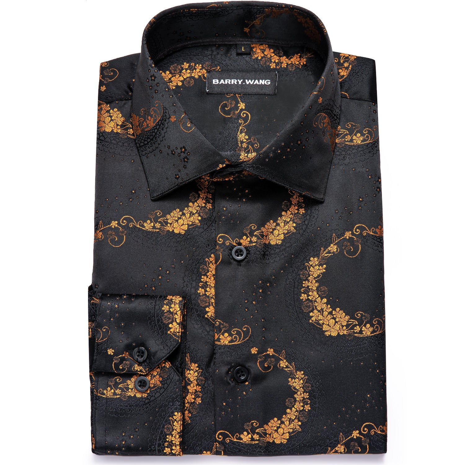 Barry.wang Men's Shirt Black Golden Floral Silk Floral Button Up Shirt