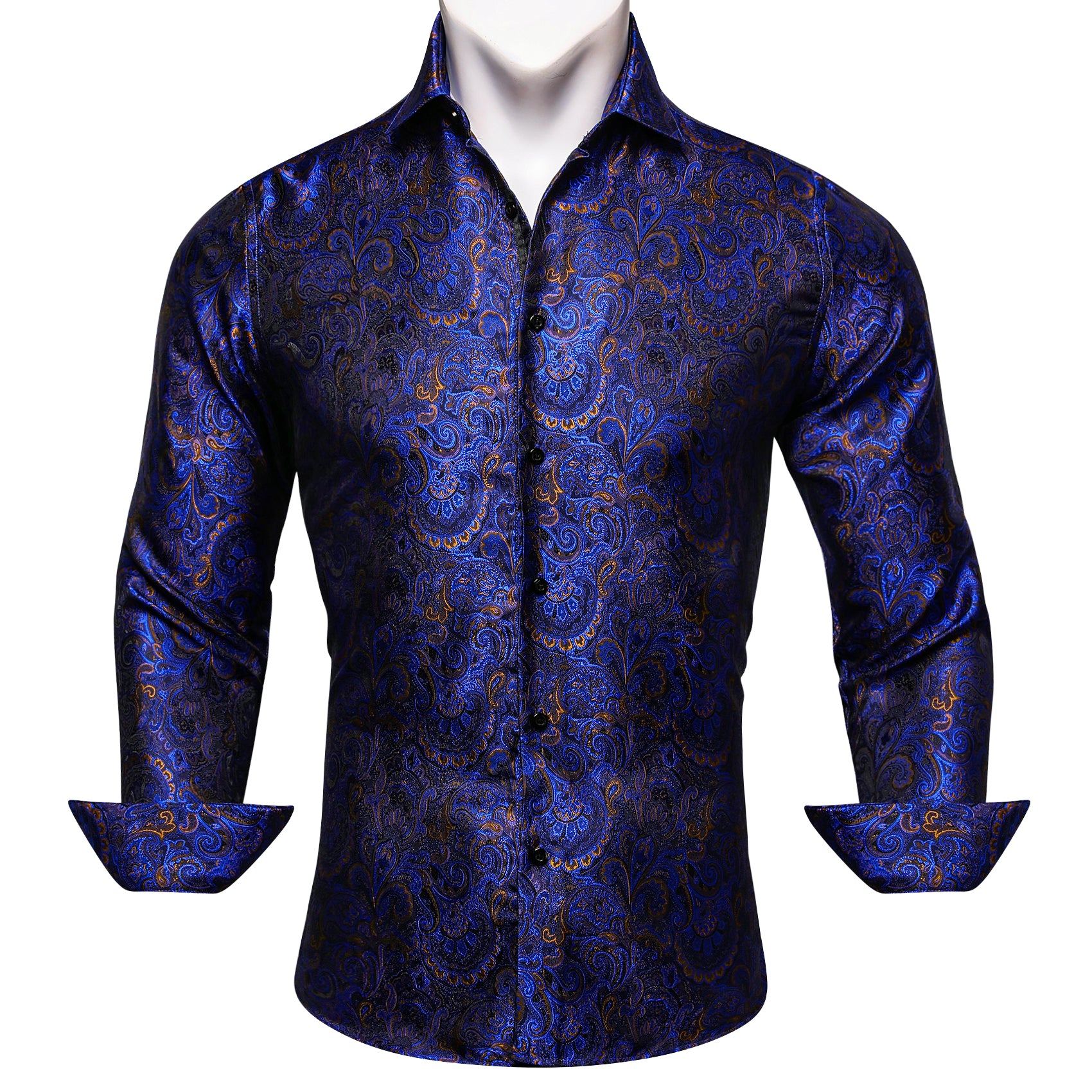Barry.wang Button Down Shirt Blue Golden Floral Long Sleeve Shirt