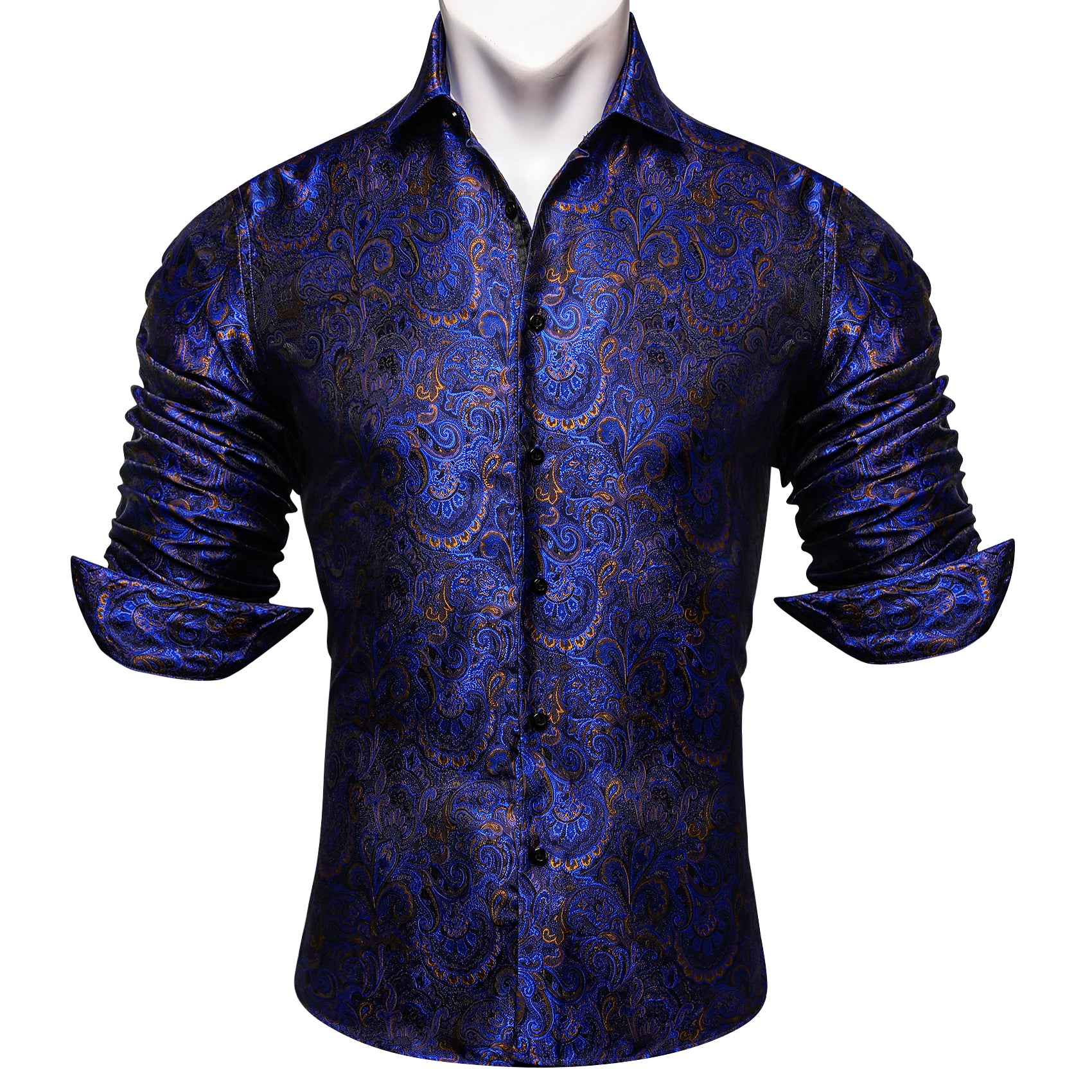 Barry.wang Button Down Shirt Blue Golden Floral Long Sleeve Shirt