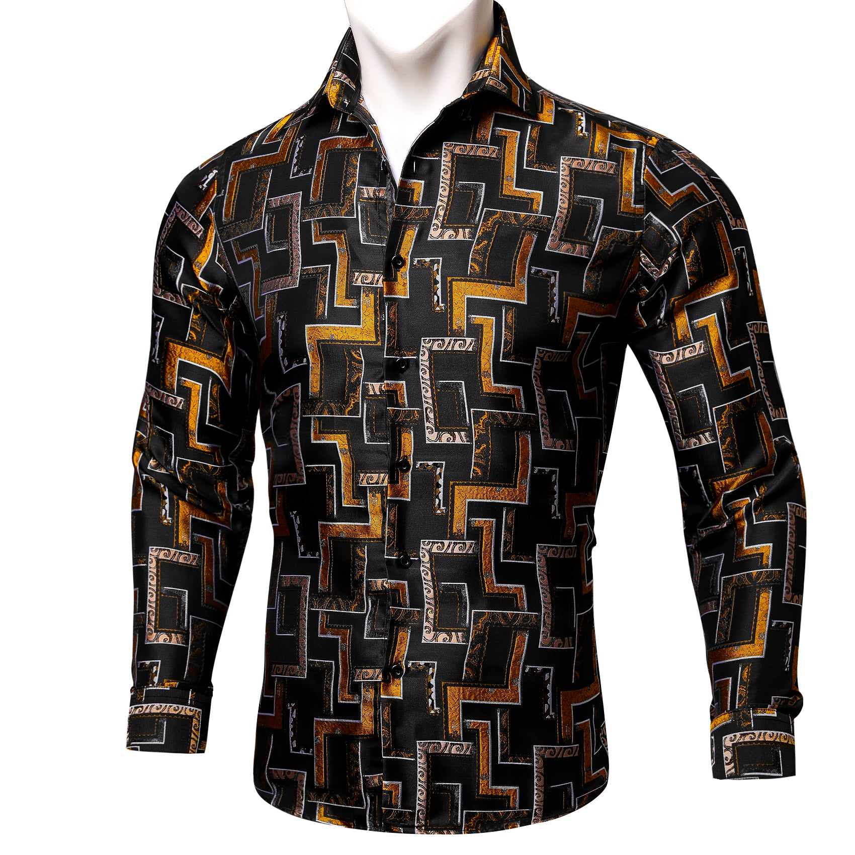 Barry.wang New Black Golden Paisley Silk Geometric Button Up Shirt
