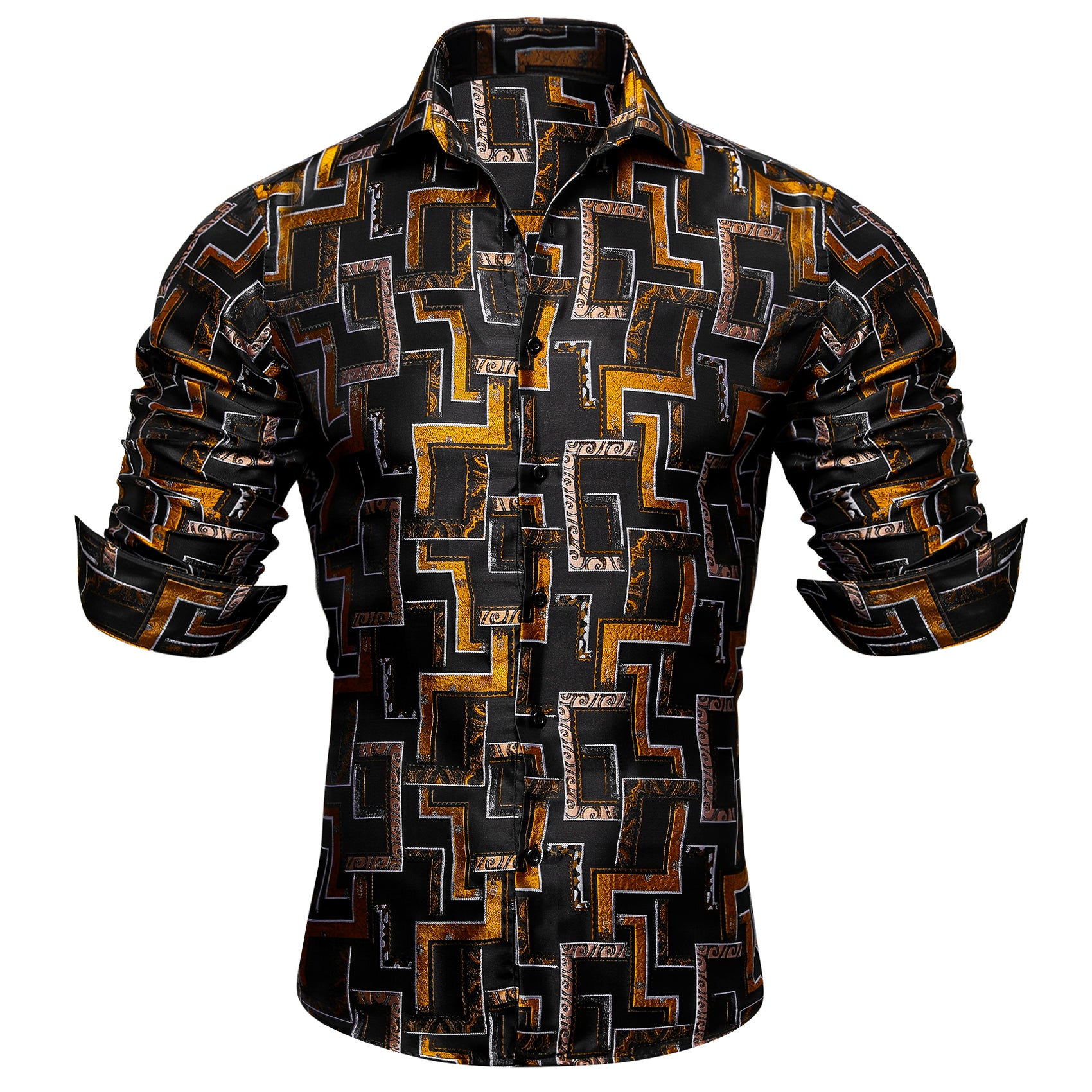 Barry.wang New Black Golden Paisley Silk Geometric Button Up Shirt