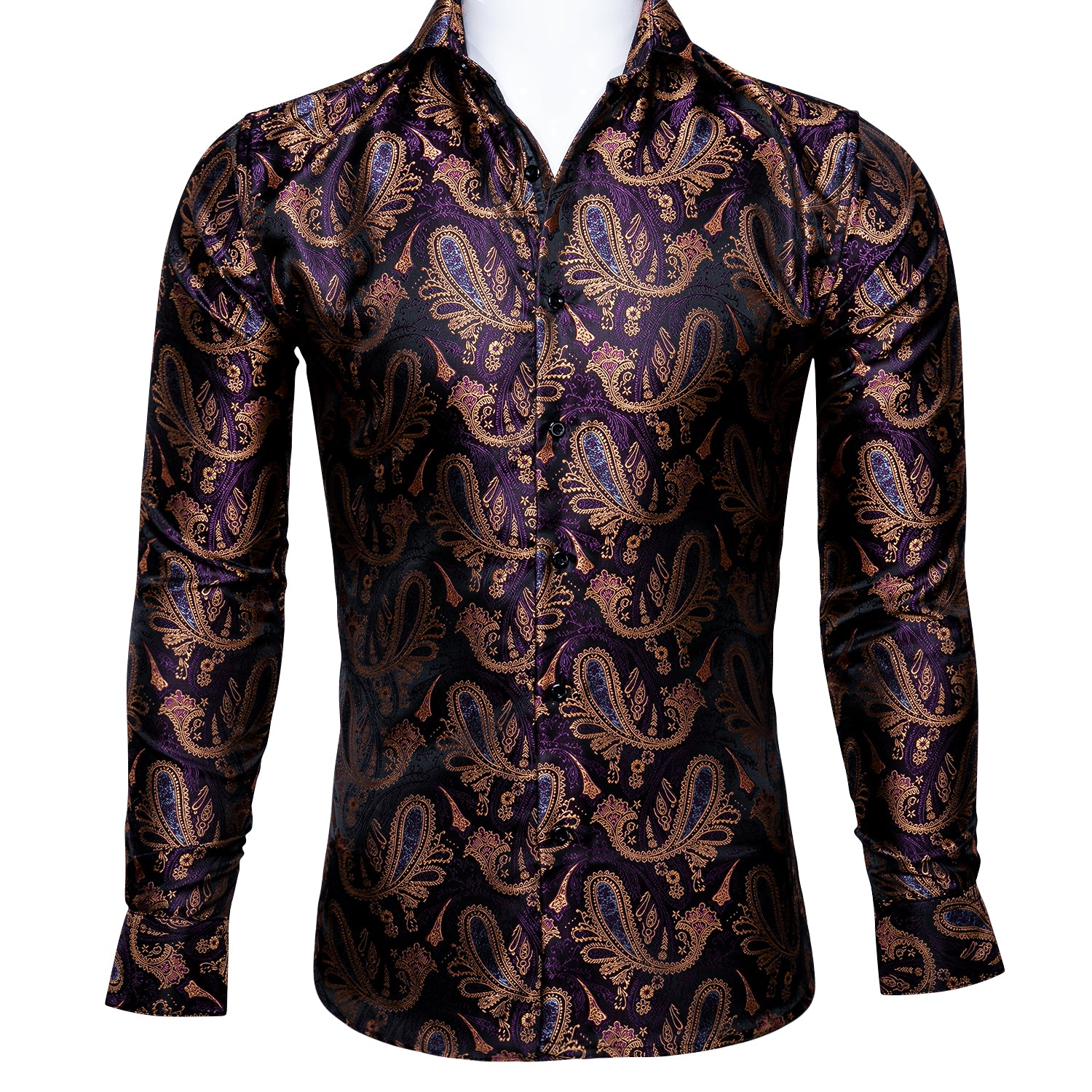 Barry.wang Long Sleeve Shirt Deep Purple Jacquard Paisley Men's Silk Shirt