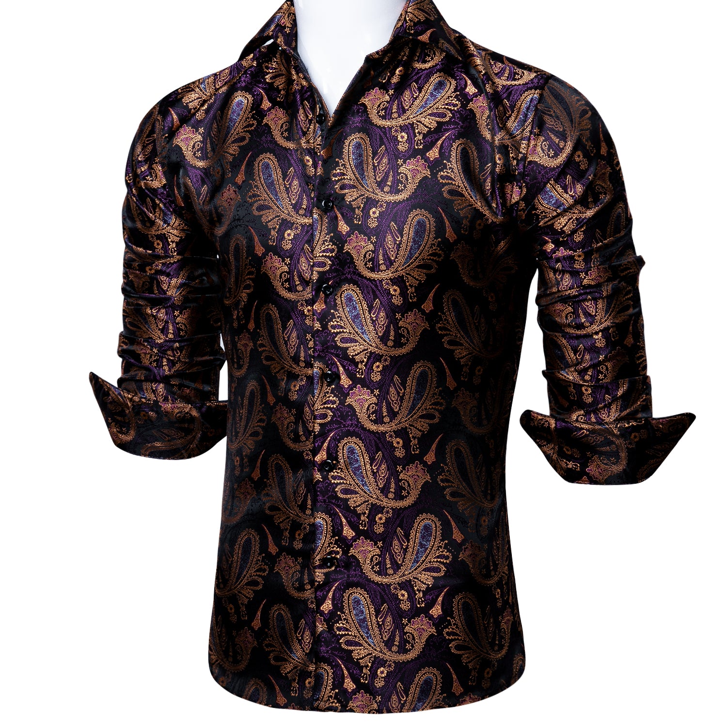 Barry.wang Long Sleeve Shirt Deep Purple Jacquard Paisley Men's Silk Shirt