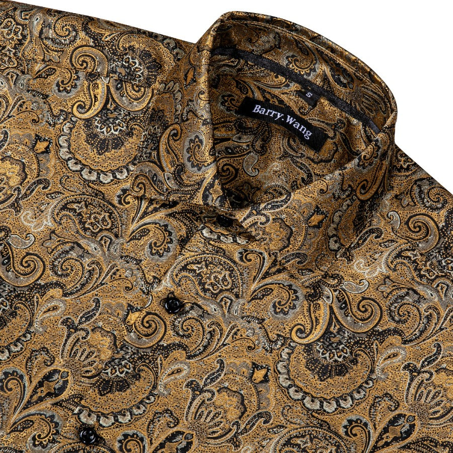 barry wang dress shirts Barry. Wang Mens Gold Paisley Dress Shirt Silk Party Casual Long Sleeve Shirt, M